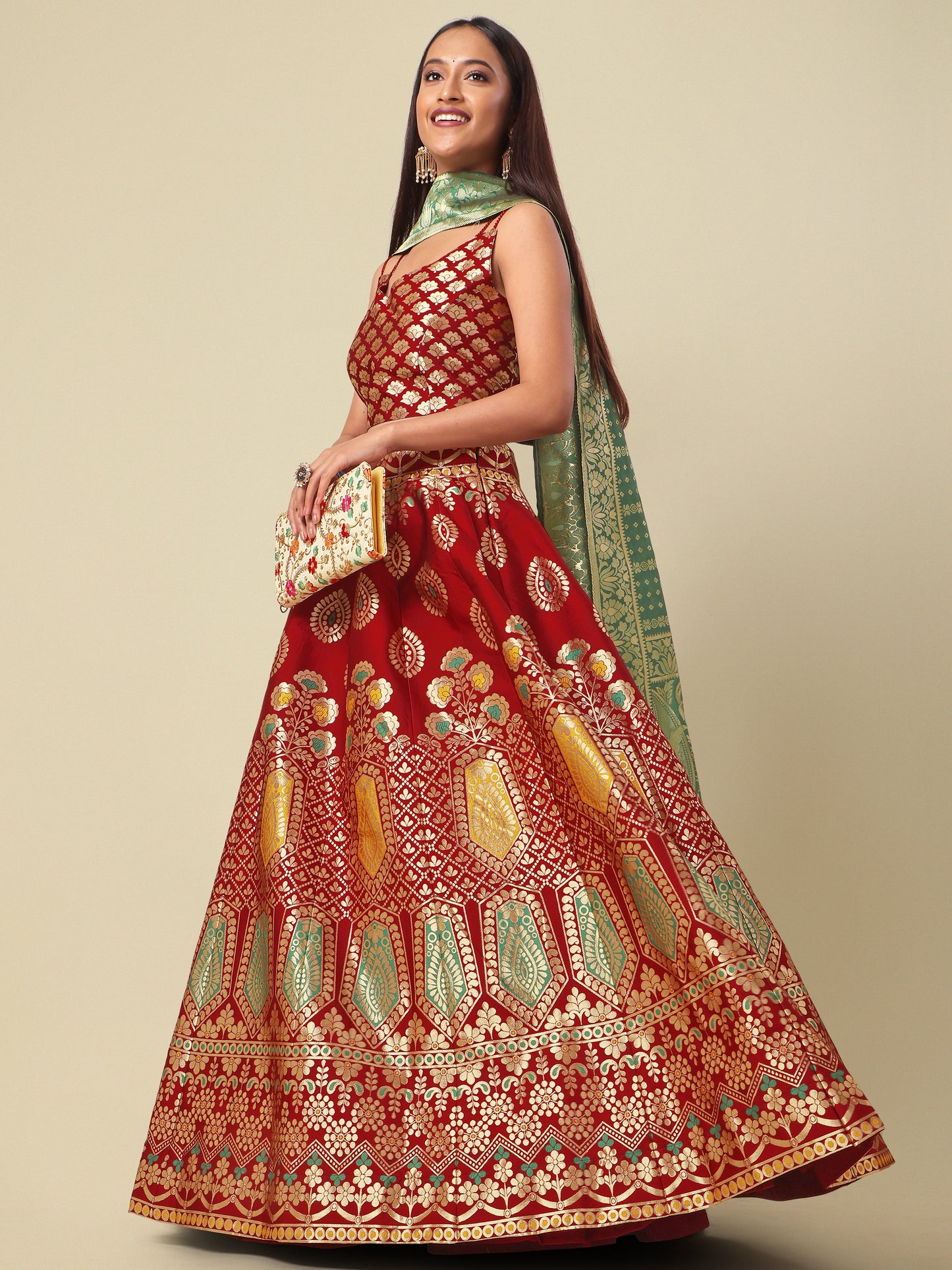 Woven Design Maroon Semi-Stitched Lehenga Choli