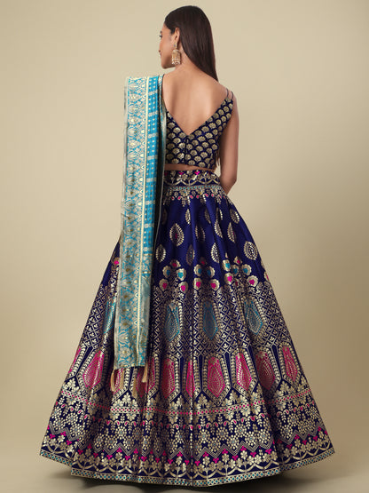 Woven Design Navy Blue Semi-Stitched Lehenga Choli