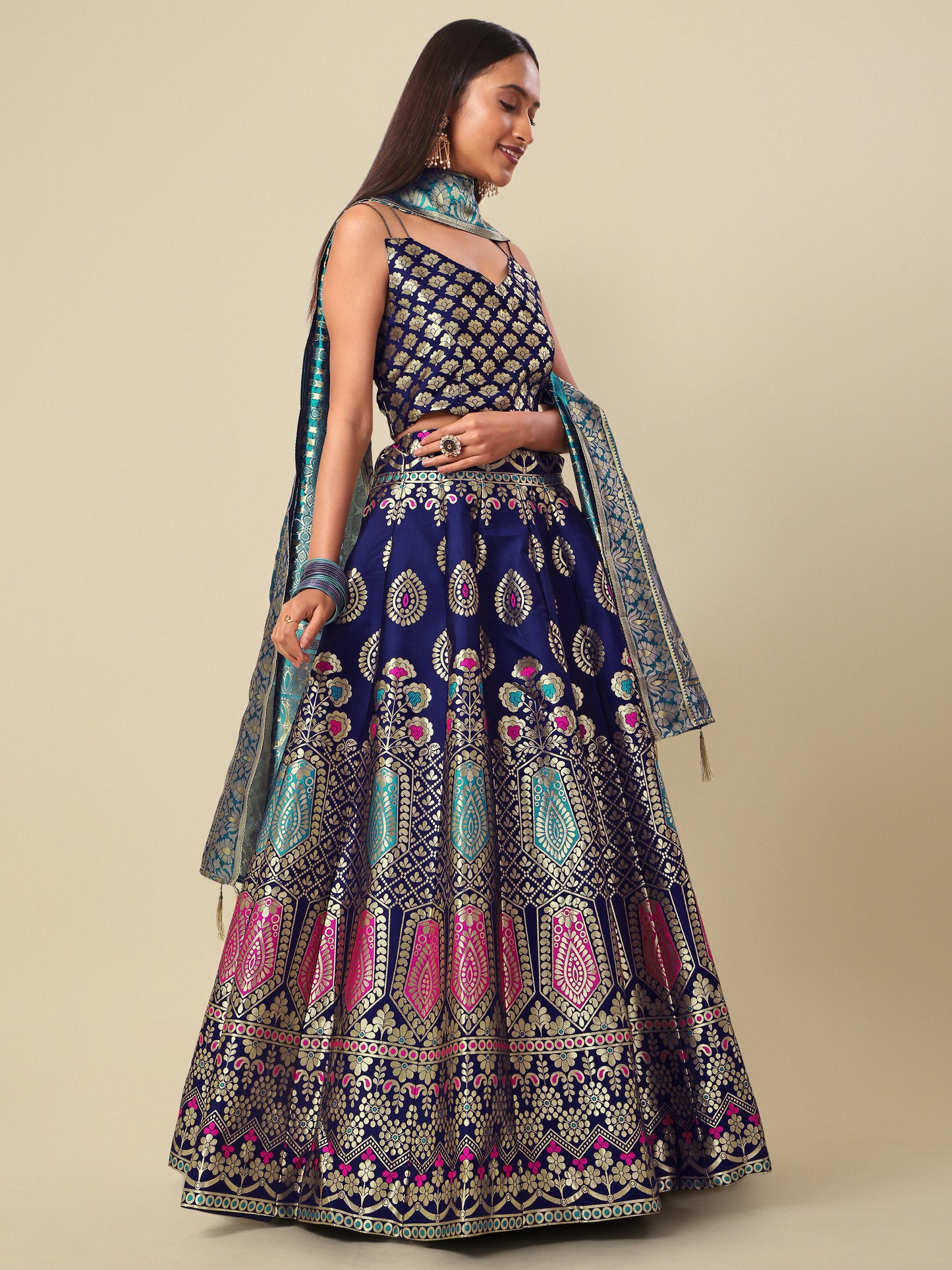 Woven Design Navy Blue Semi-Stitched Lehenga Choli