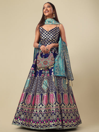 Woven Design Navy Blue Semi-Stitched Lehenga Choli