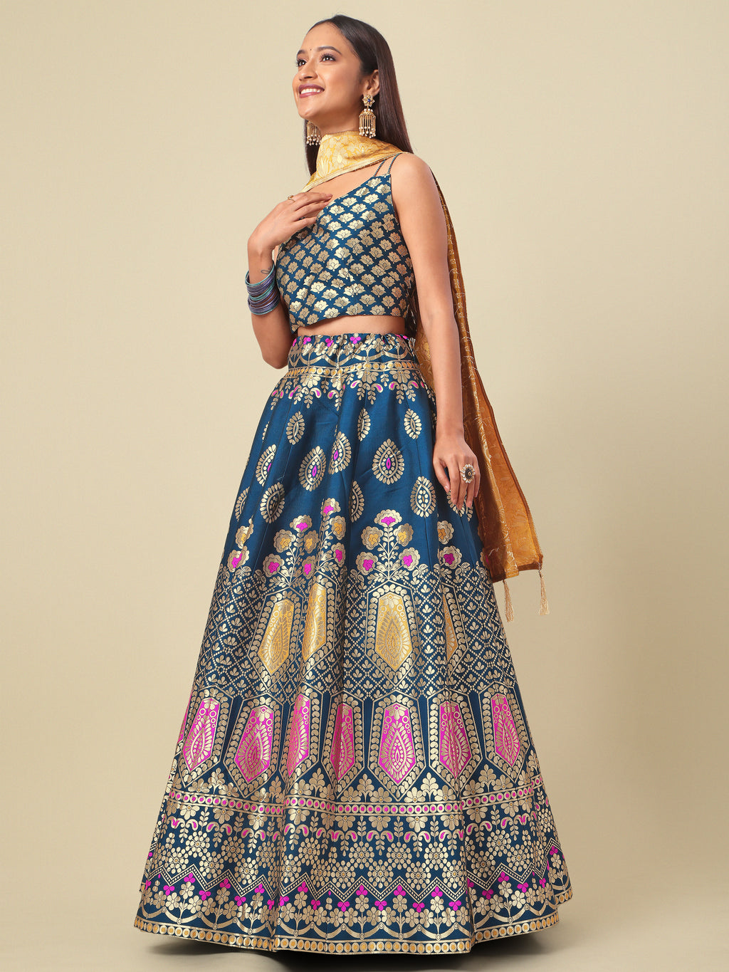 Woven Design Rama Semi-Stitched Lehenga Choli