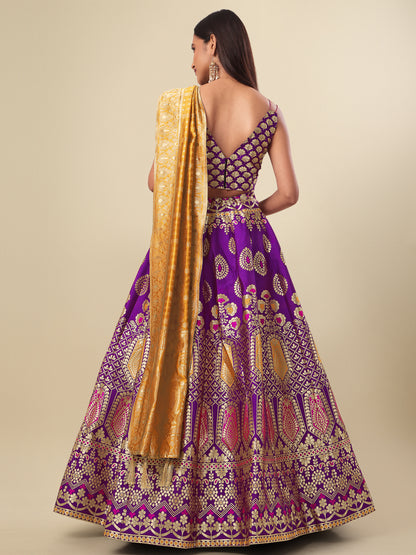 Woven Design Wine Semi-Stitched Lehenga Choli