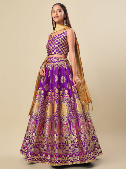 Woven Design Wine Semi-Stitched Lehenga Choli