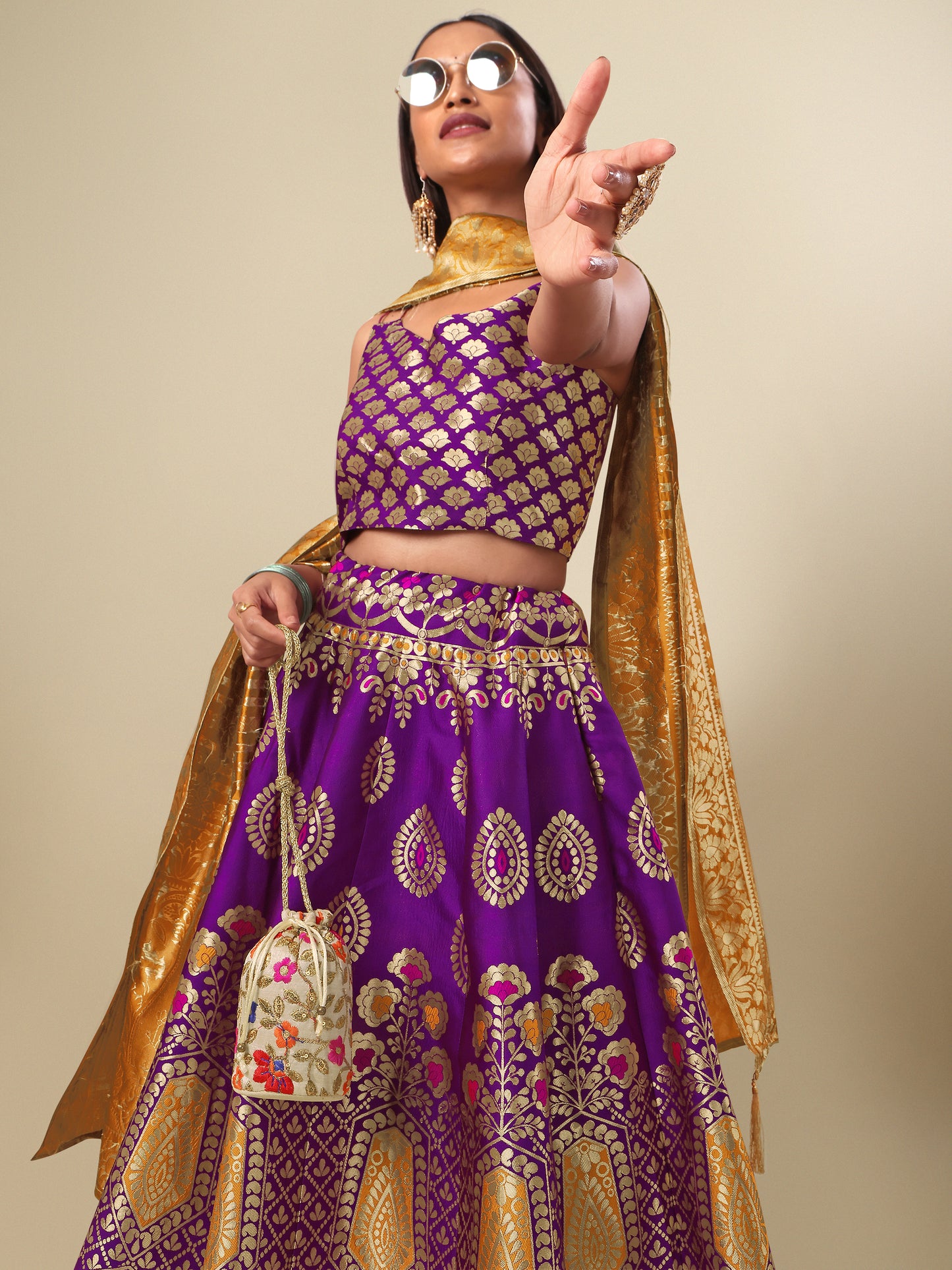 Woven Design Wine Semi-Stitched Lehenga Choli