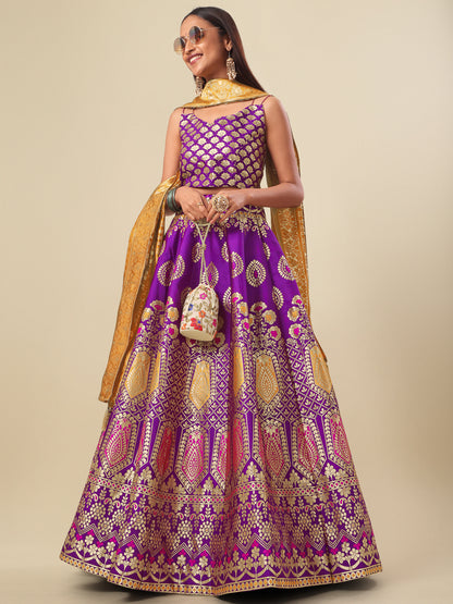 Woven Design Wine Semi-Stitched Lehenga Choli