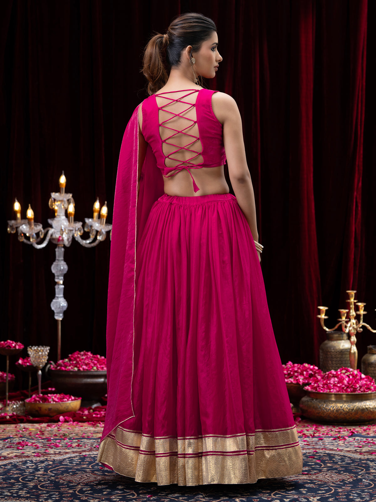 Pink Gold Embellished Sleeveless Flared Lehenga Choli Set