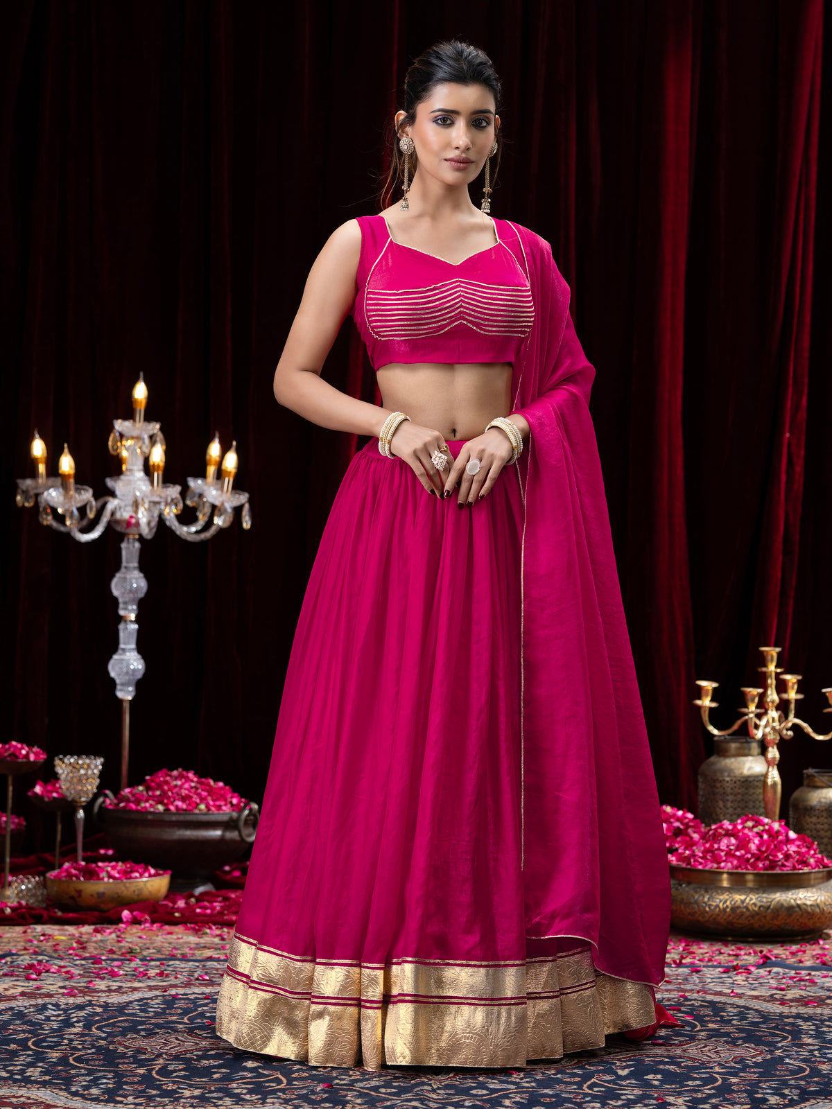 Pink Gold Embellished Sleeveless Flared Lehenga Choli Set