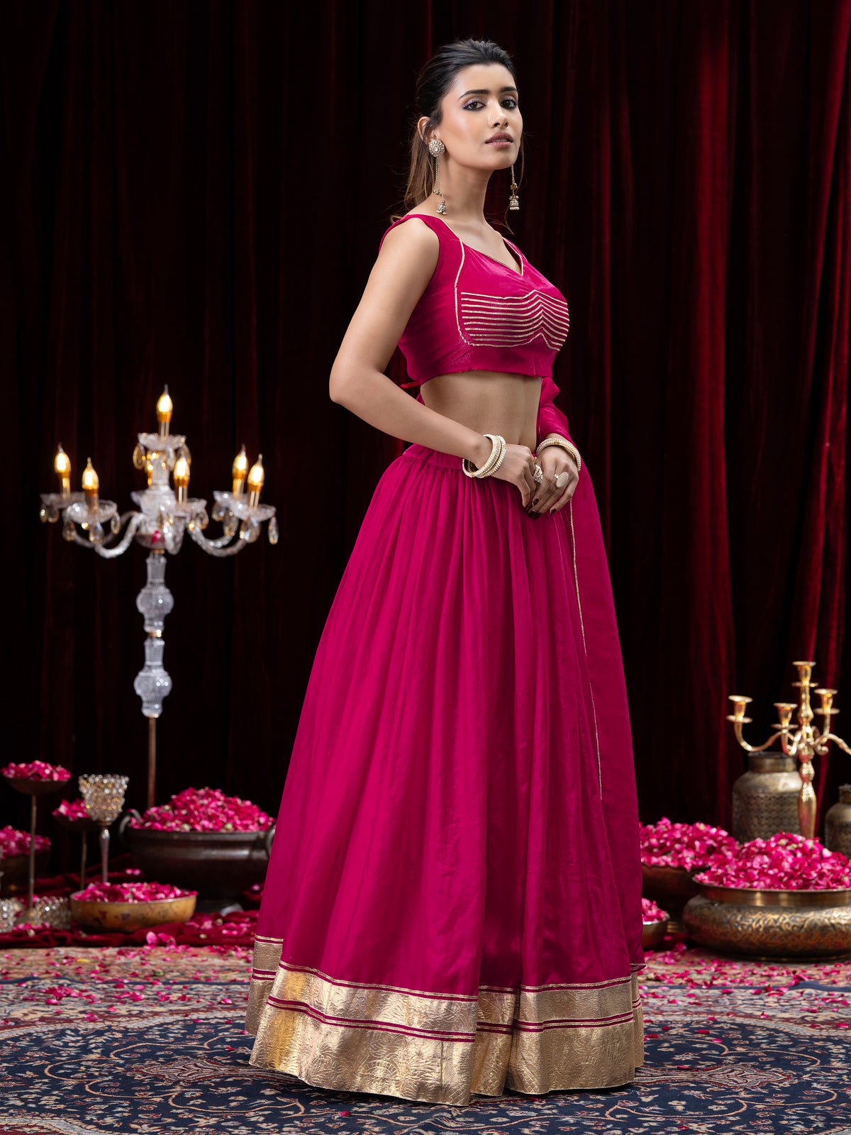 Pink Gold Embellished Sleeveless Flared Lehenga Choli Set