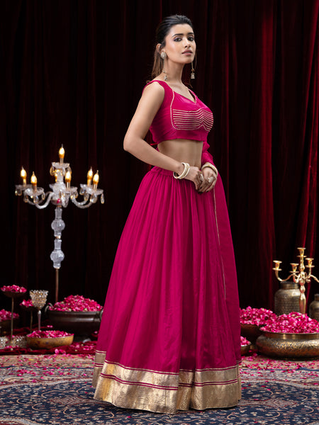Pink Gold Embellished Sleeveless Flared Lehenga Choli Set