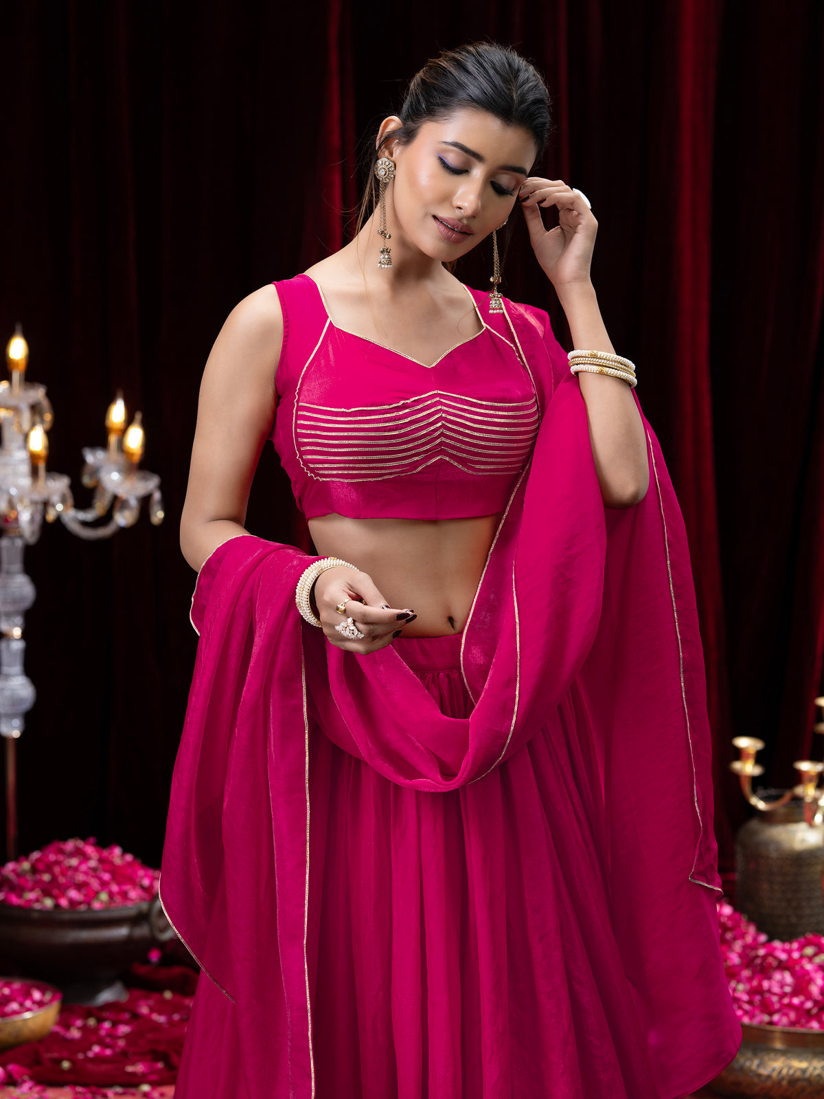 Pink Gold Embellished Sleeveless Flared Lehenga Choli Set