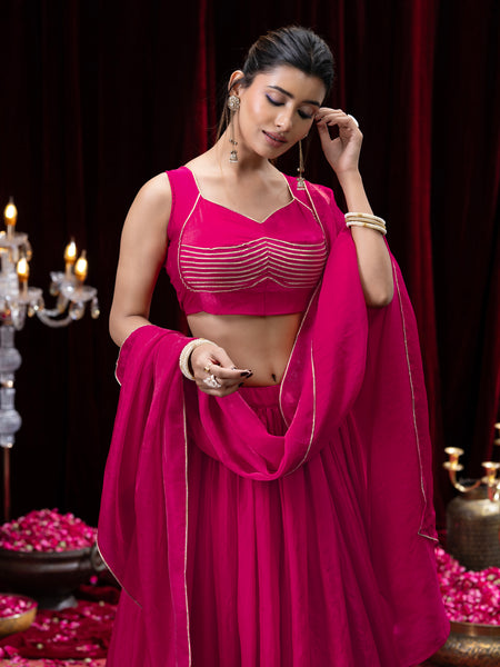 Pink Gold Embellished Sleeveless Flared Lehenga Choli Set