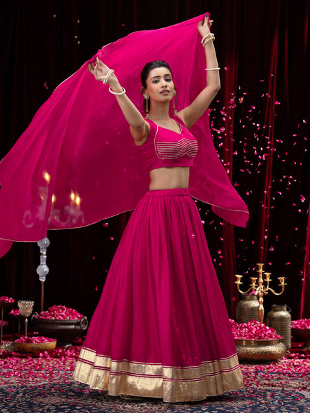 Pink Gold Embellished Sleeveless Flared Lehenga Choli Set