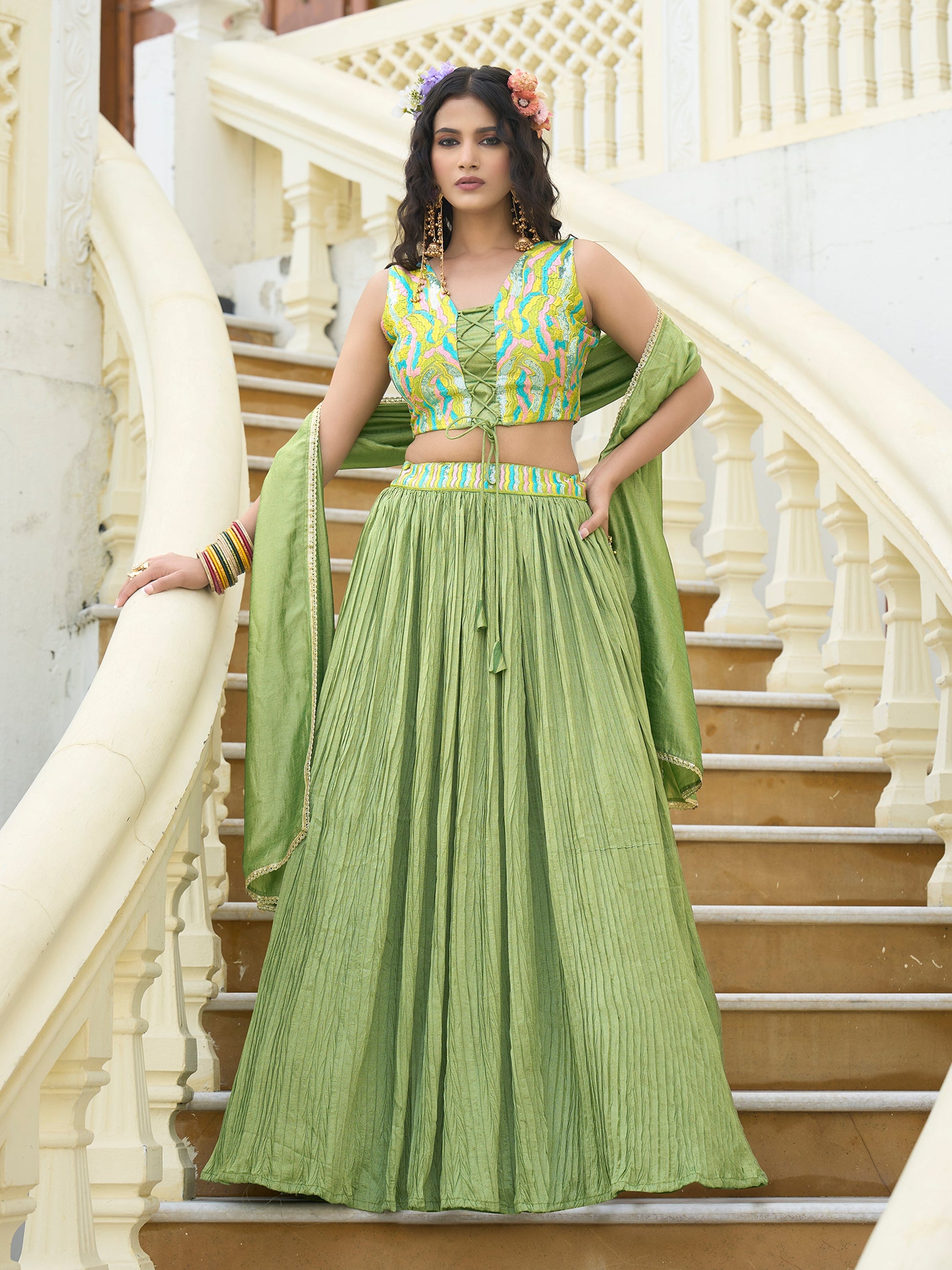 Women Lime Silk Crape Lehengas