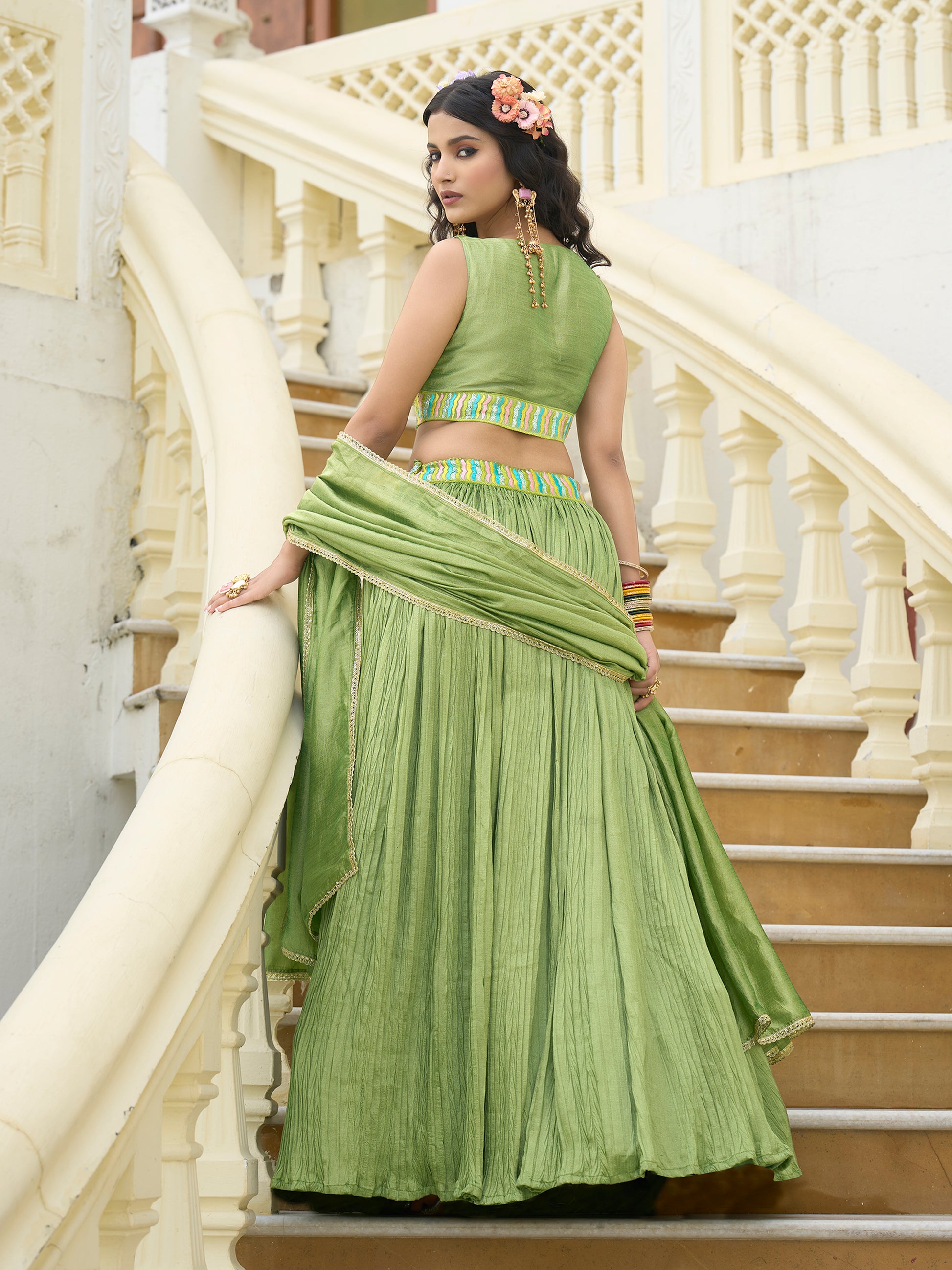 Women Lime Silk Crape Lehengas