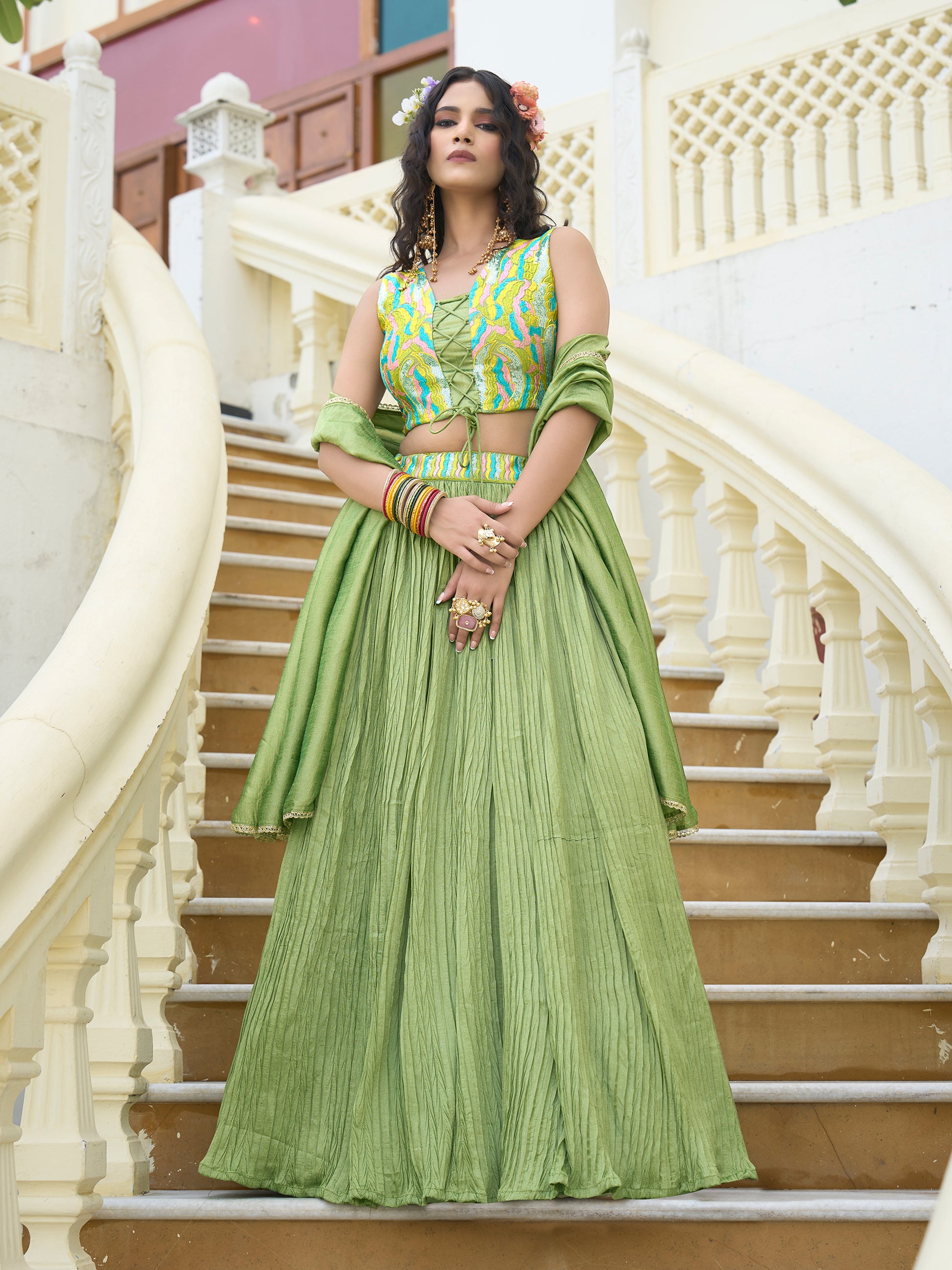 Women Lime Silk Crape Lehengas