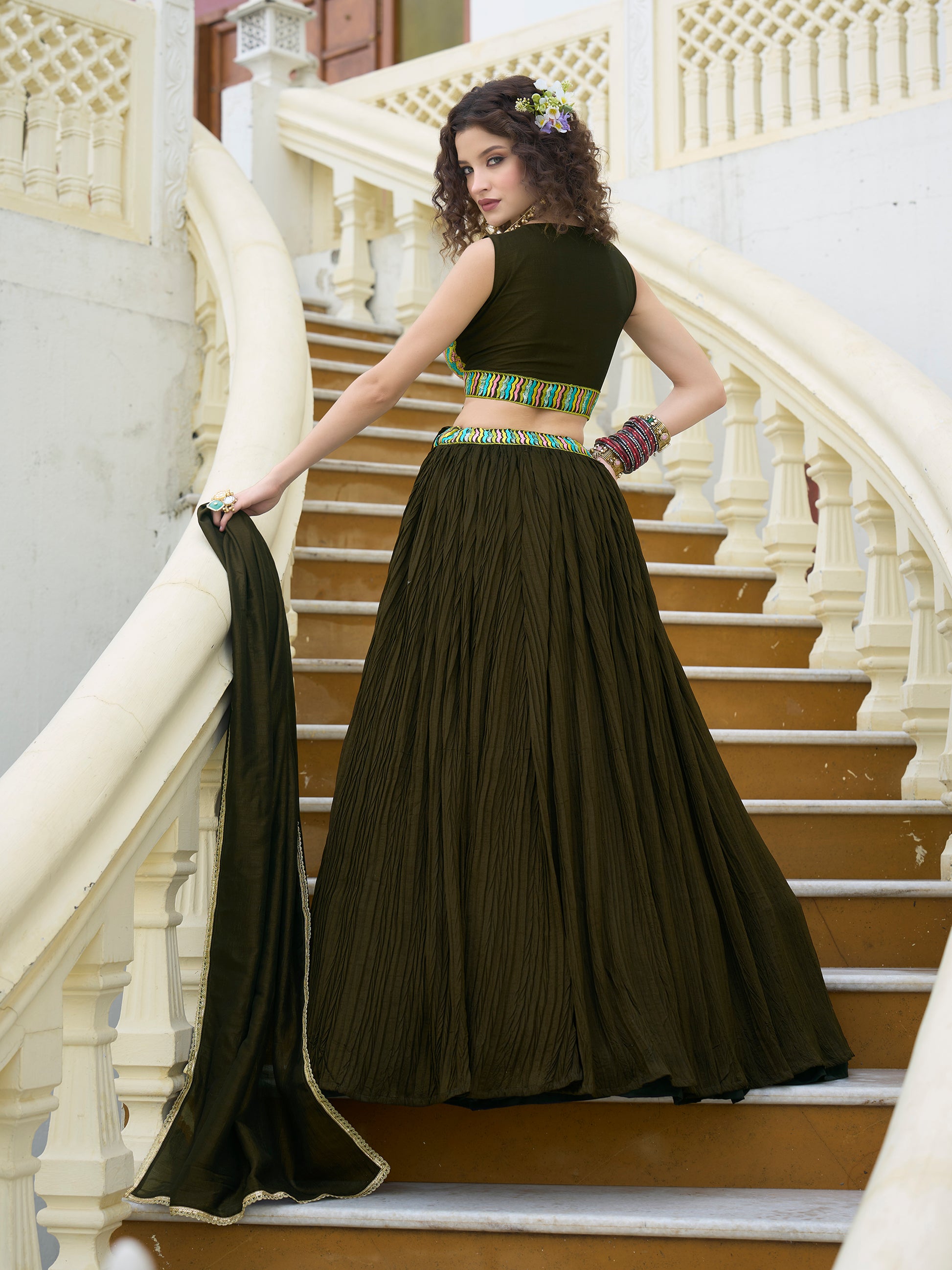 Women Olive Silk Crape Lehengas