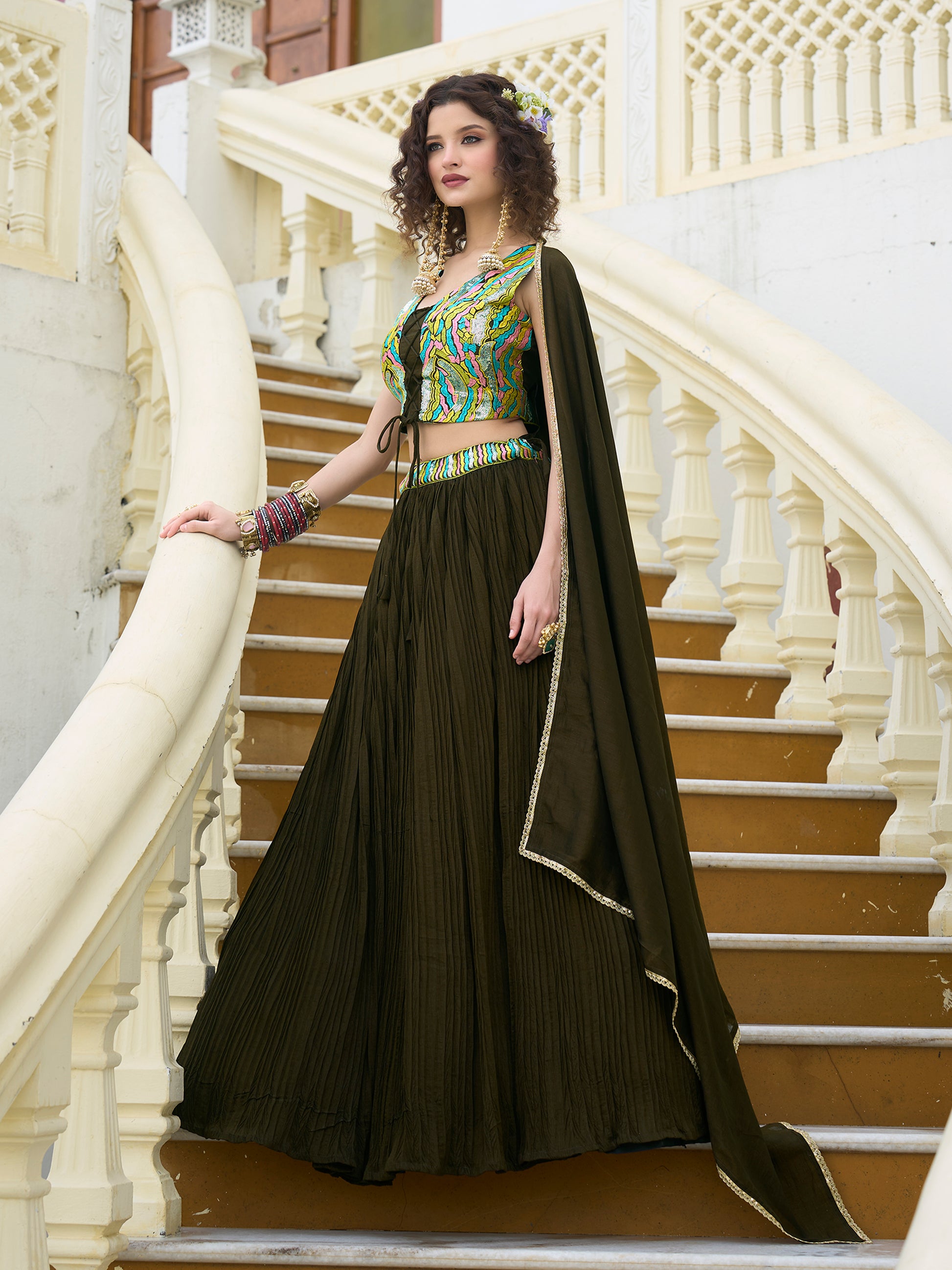 Women Olive Silk Crape Lehengas
