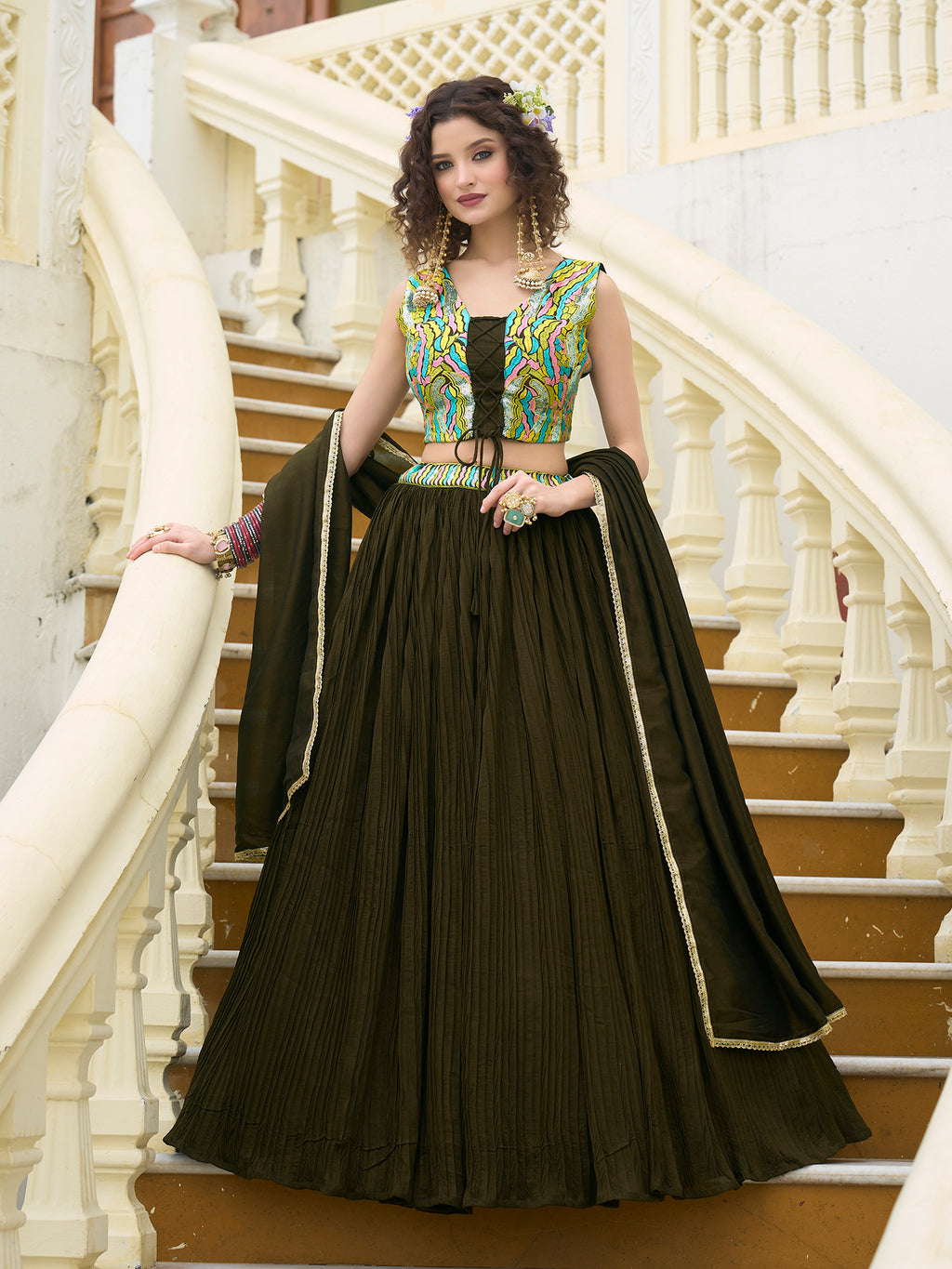 Women Olive Silk Crape Lehengas