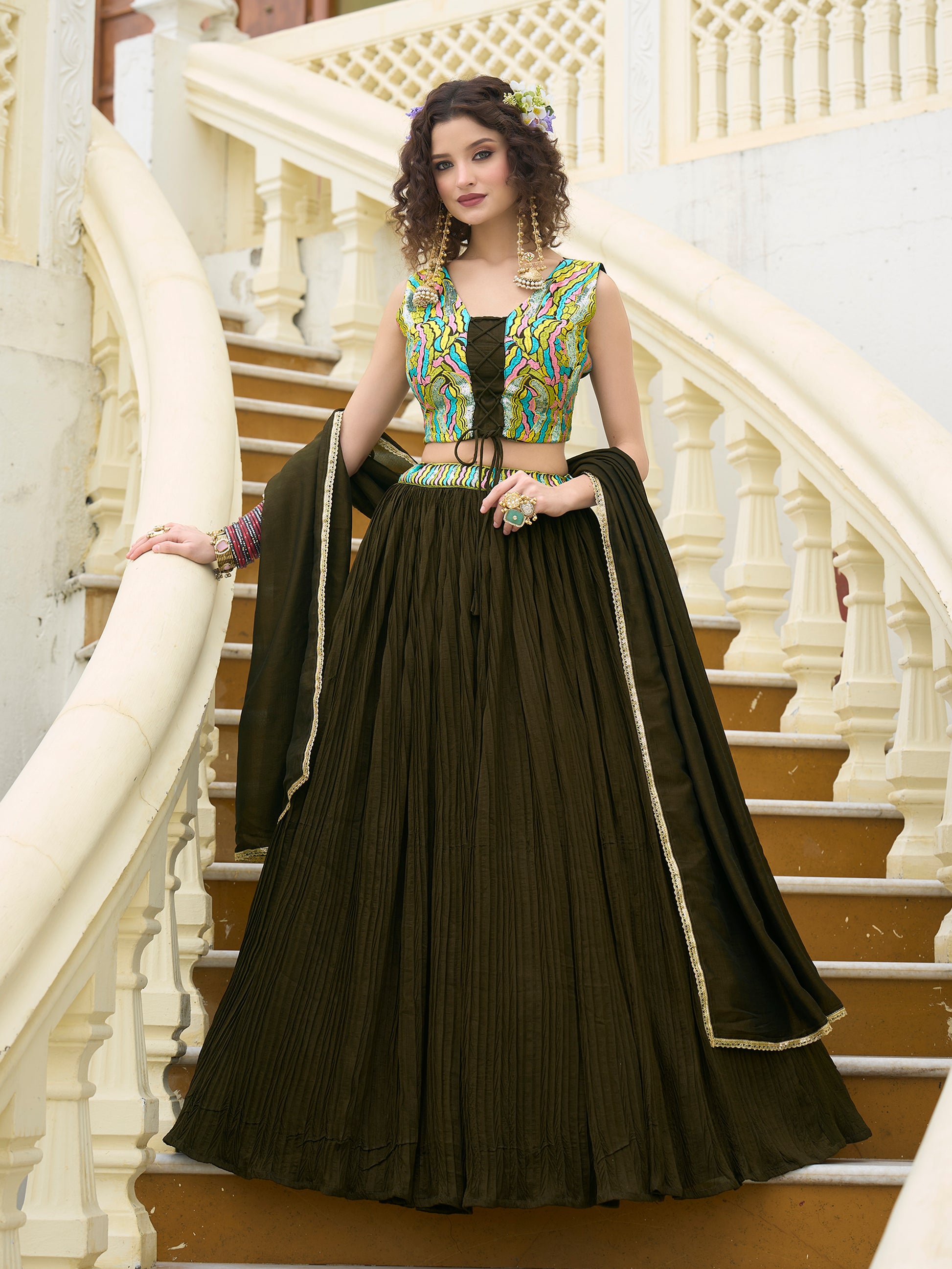 Women Olive Silk Crape Lehengas