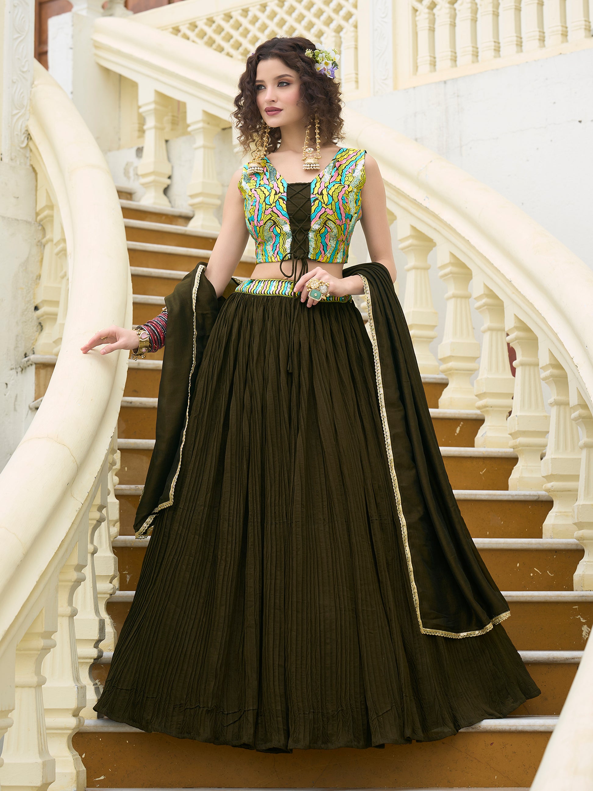 Women Olive Silk Crape Lehengas