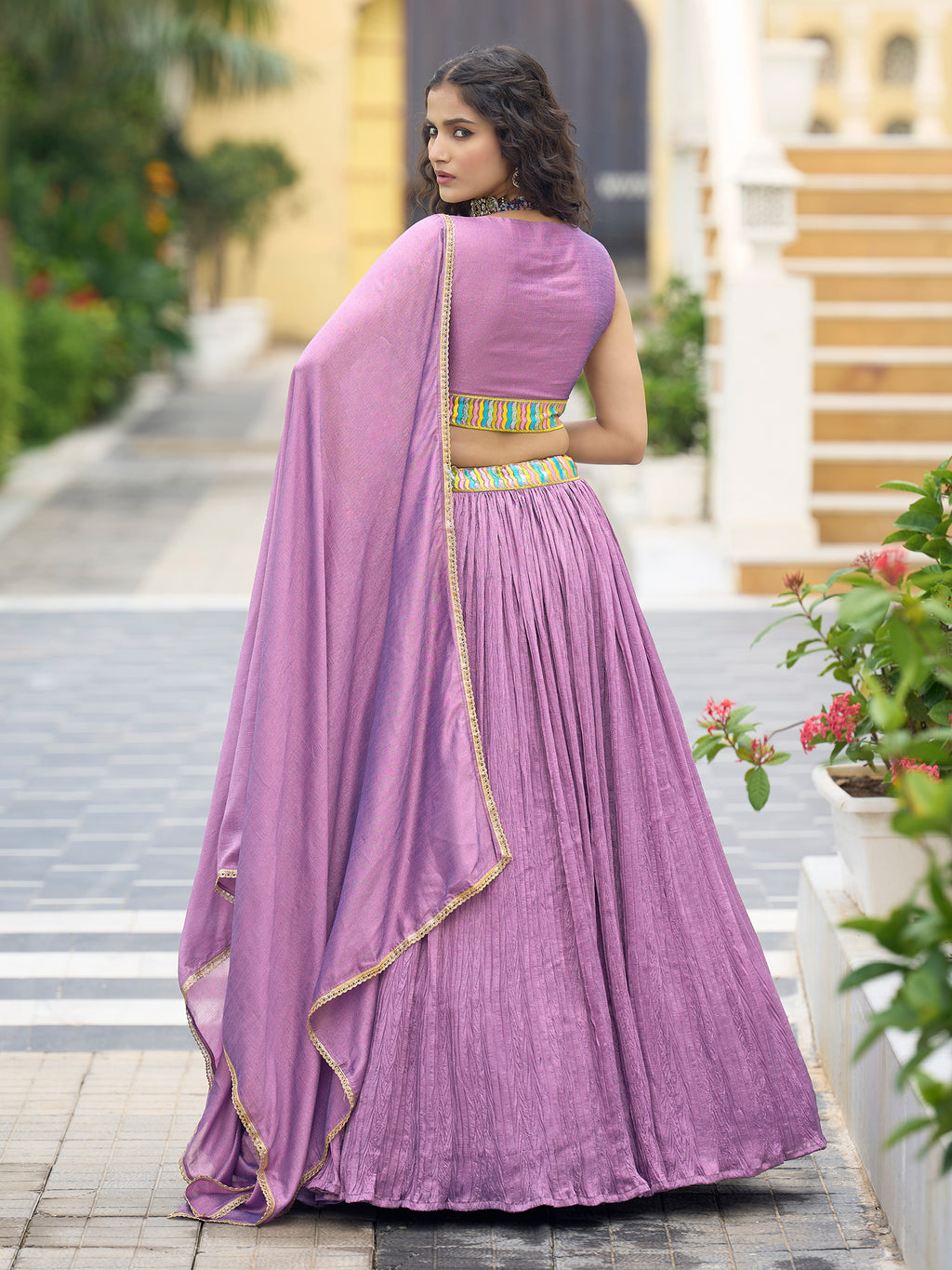 Women Purple Silk Crape Lehengas