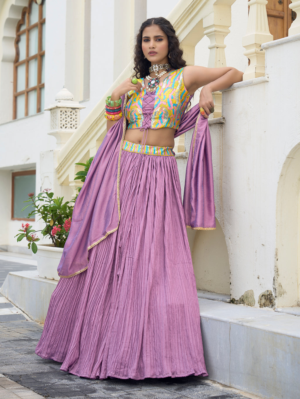 Women Purple Silk Crape Lehengas