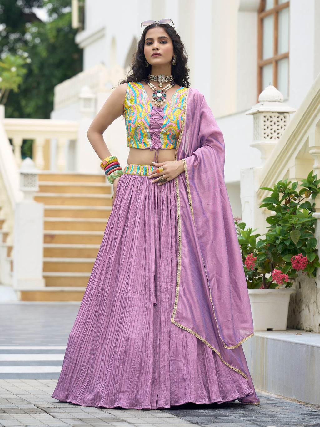 Women Purple Silk Crape Lehengas