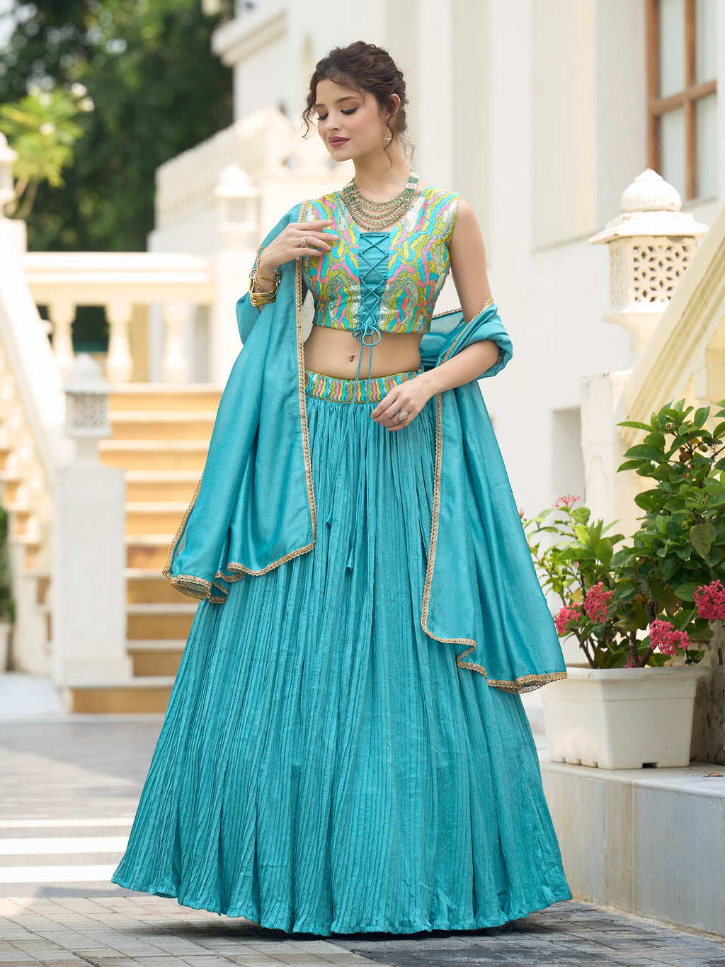 Women Sky Silk Crape Lehengas