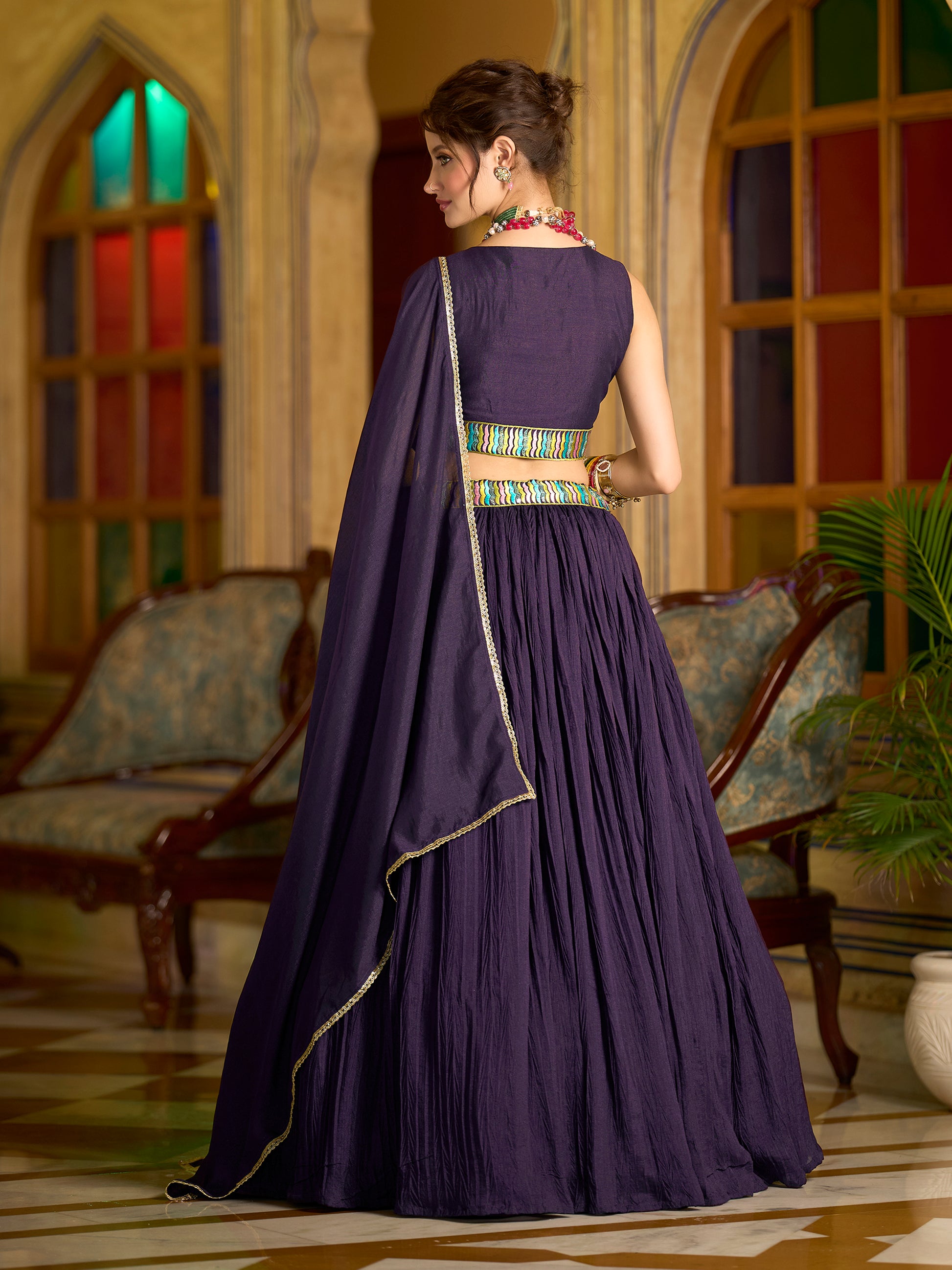 Women Wine Silk Crape Lehengas