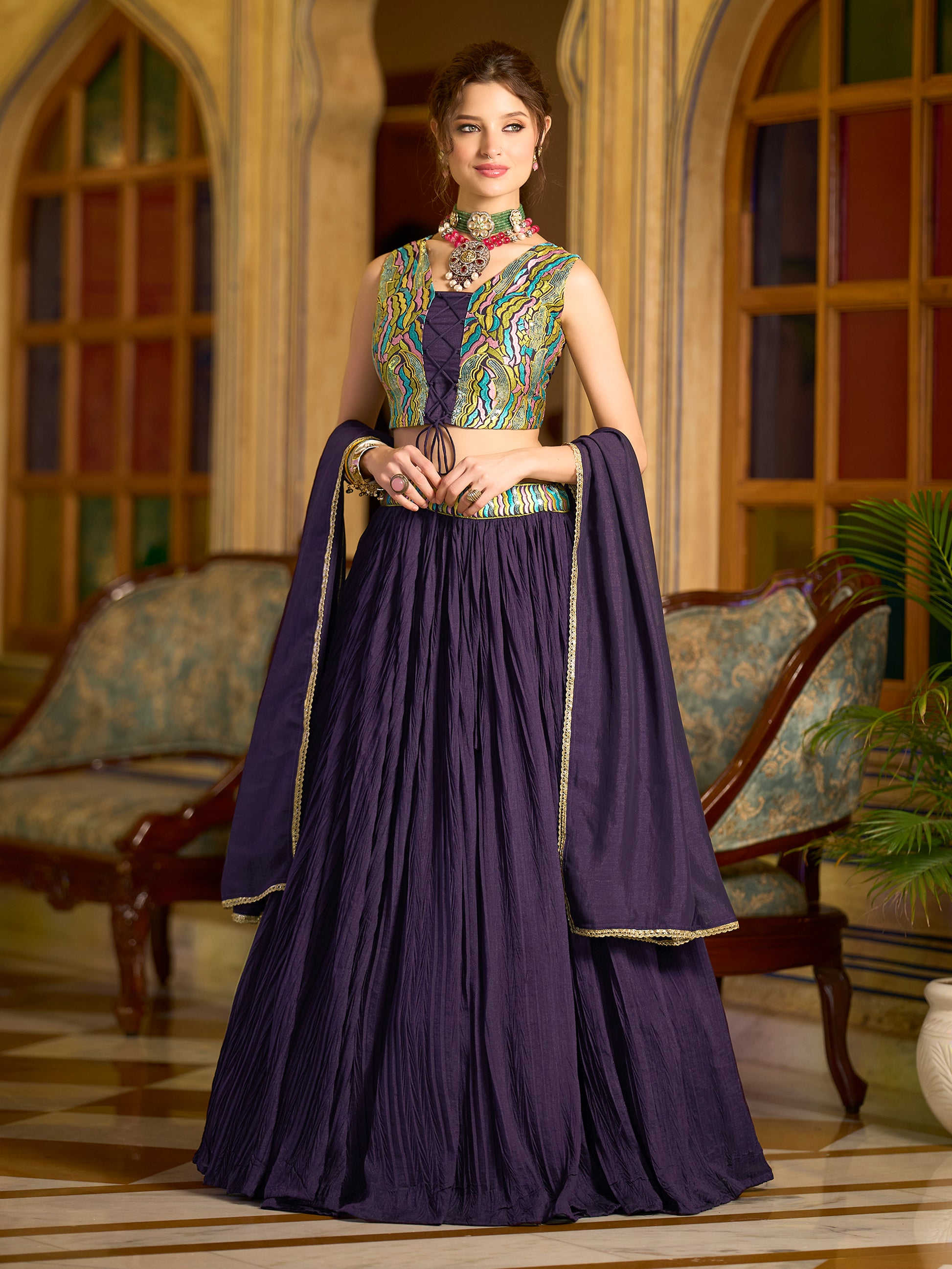 Women Wine Silk Crape Lehengas