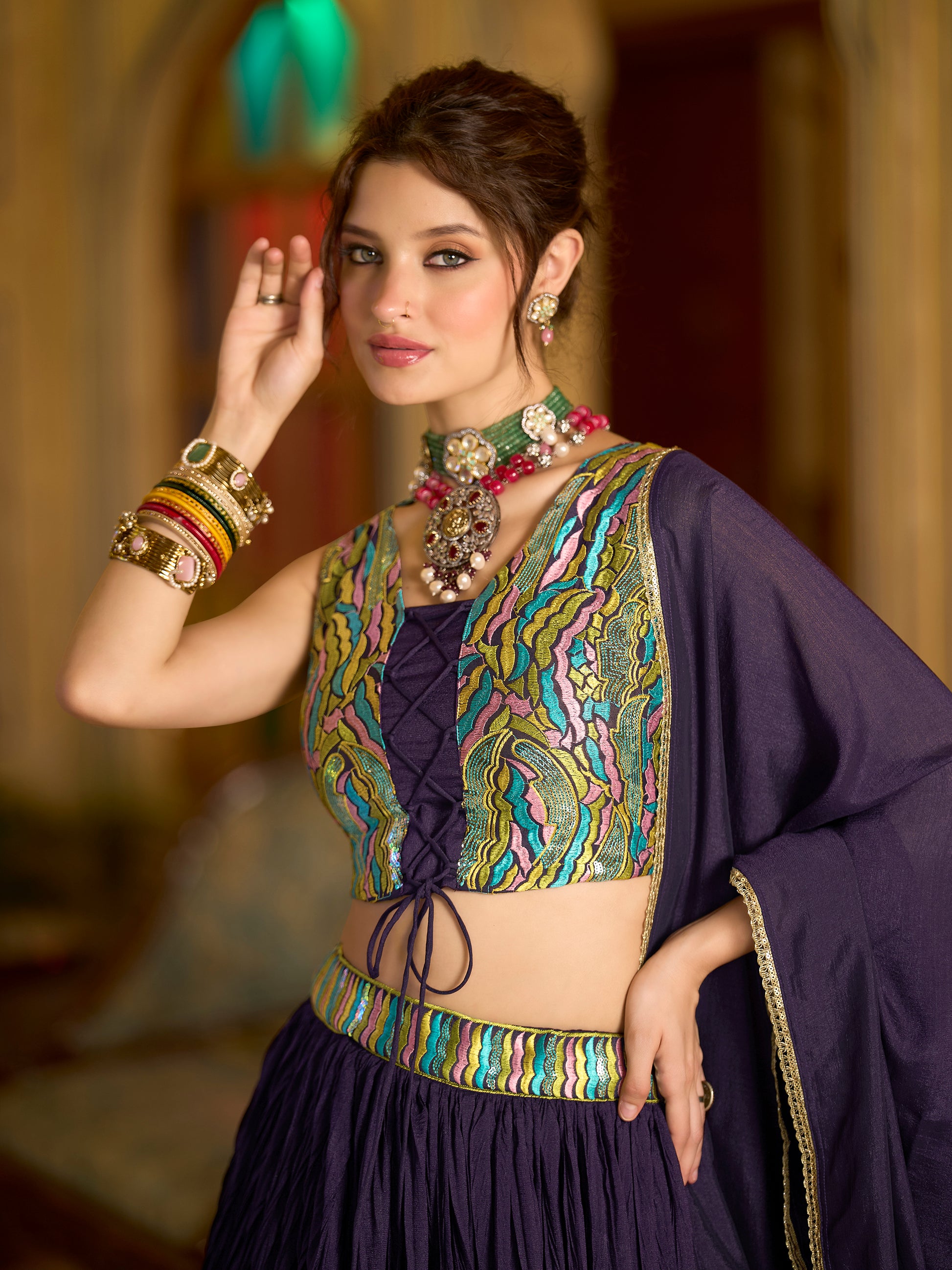 Women Wine Silk Crape Lehengas