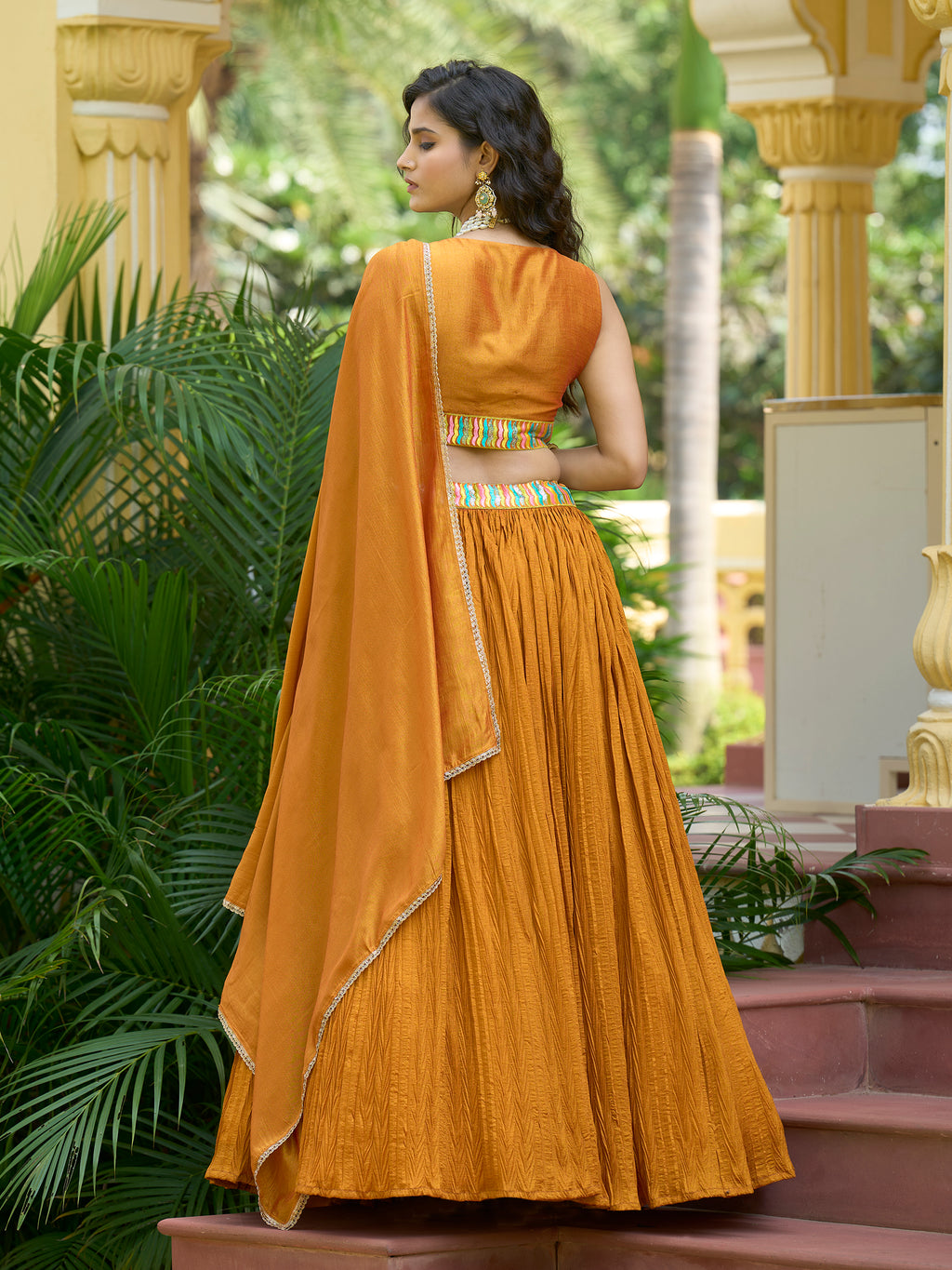 Women Yellow Silk Crape Lehengas