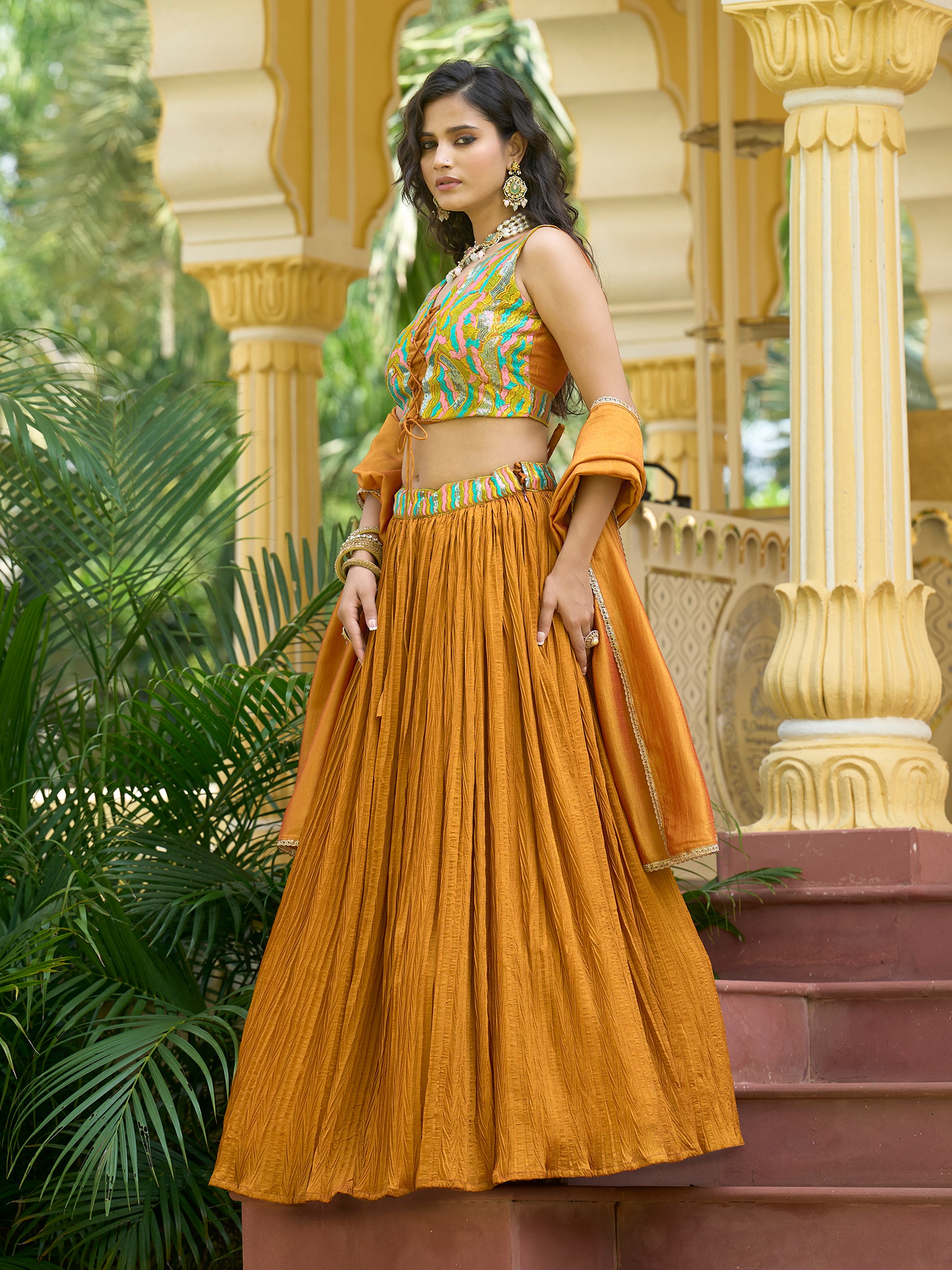 Women Yellow Silk Crape Lehengas