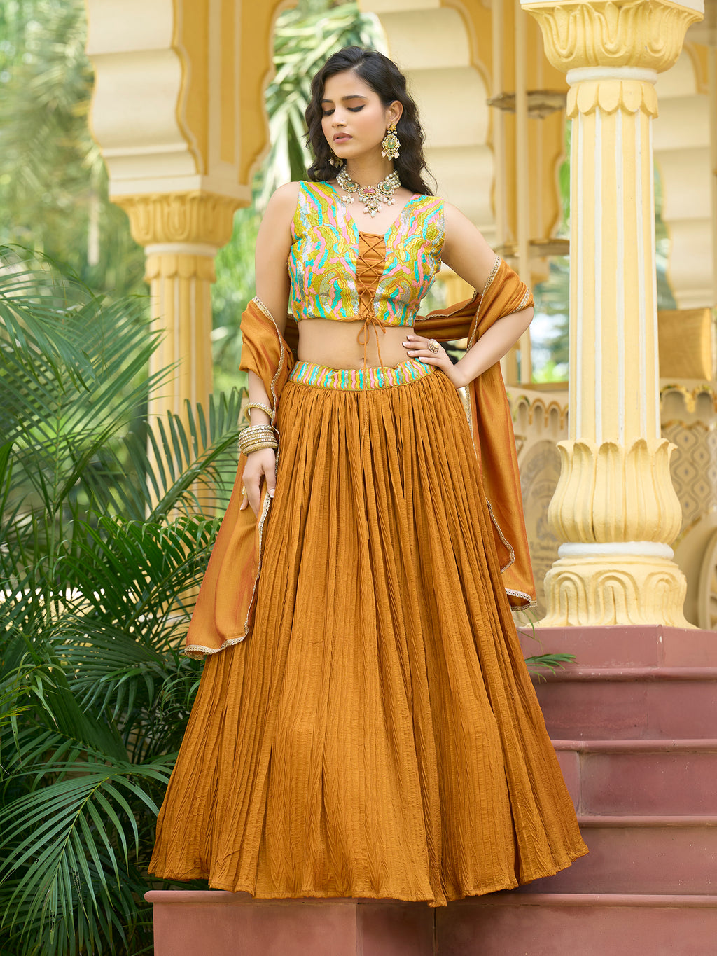 Women Yellow Silk Crape Lehengas