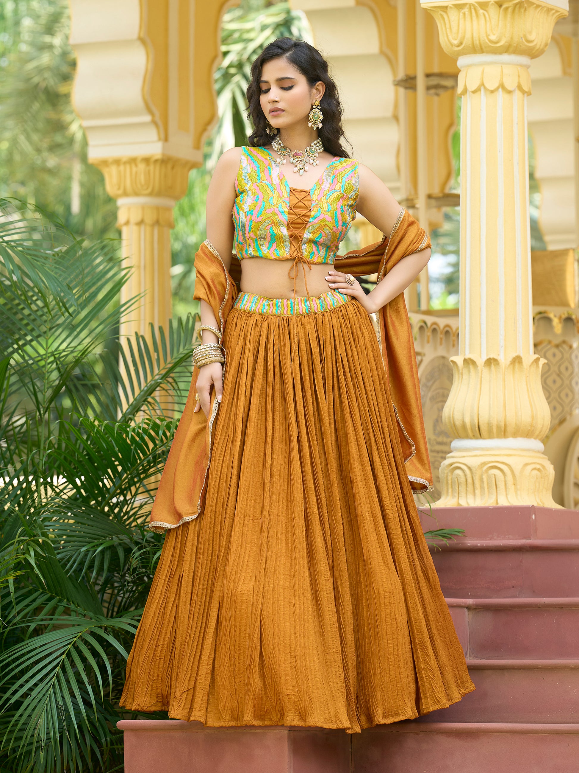 Women Yellow Silk Crape Lehengas