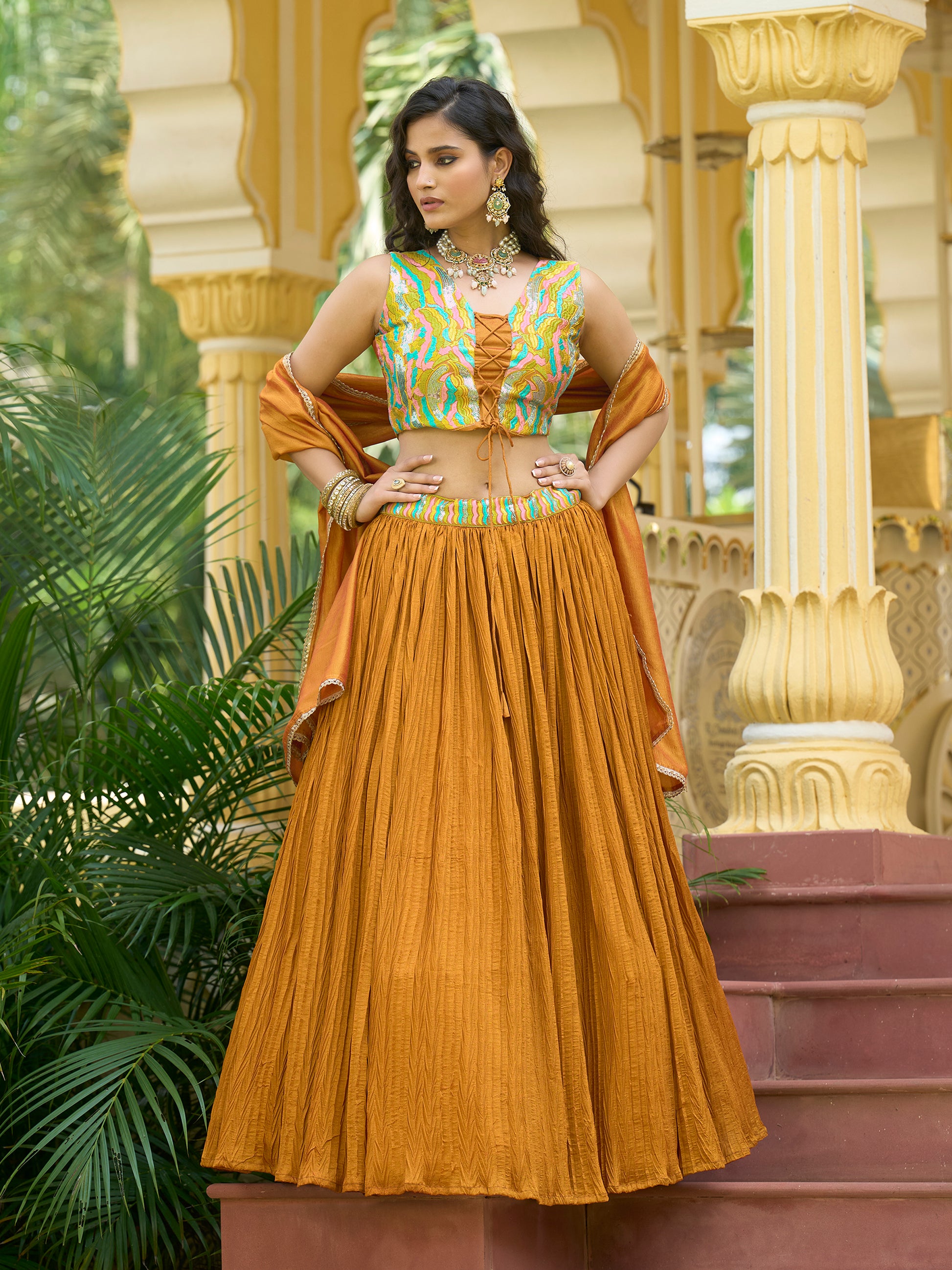 Women Yellow Silk Crape Lehengas