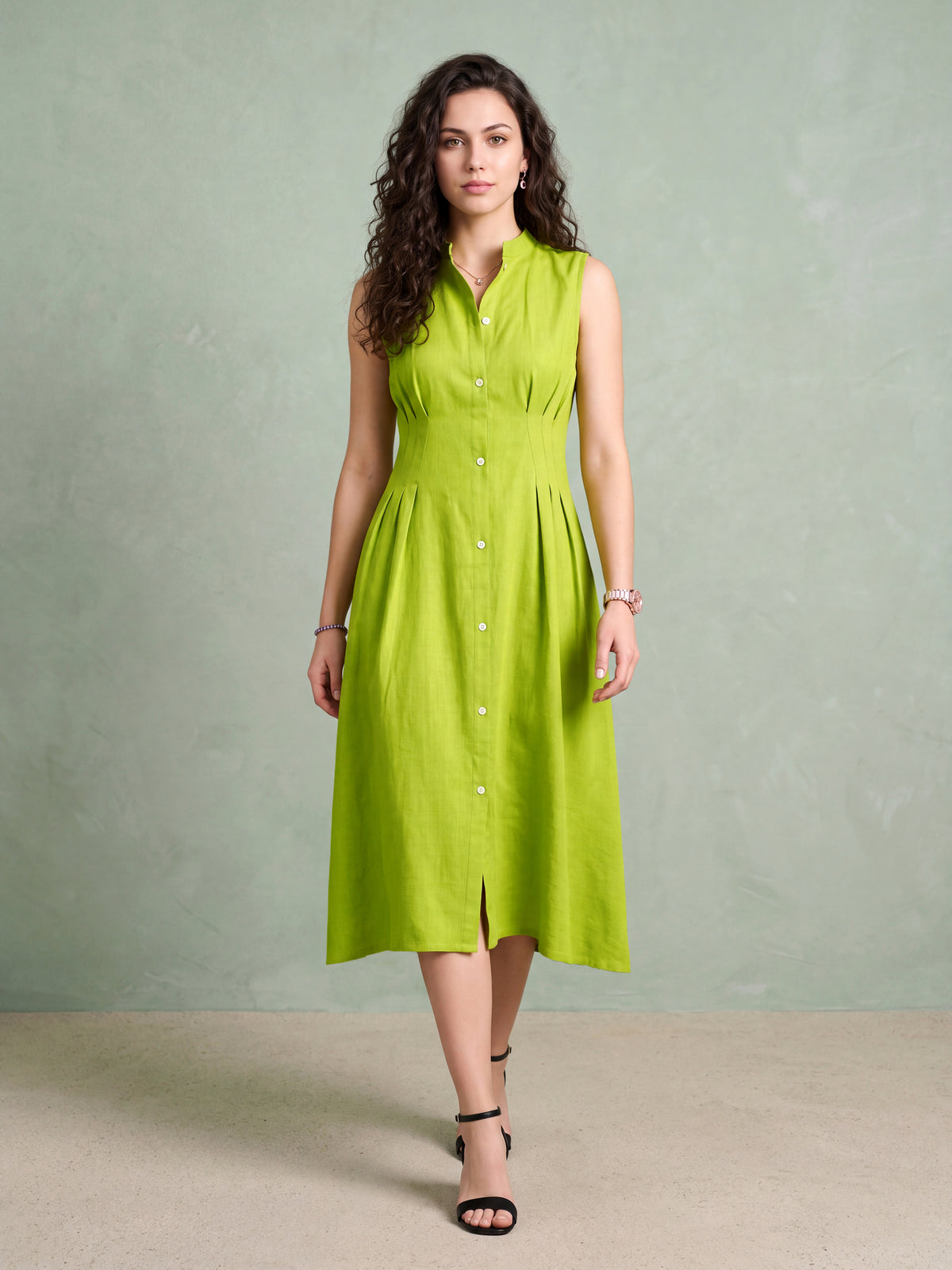 Pleated Lime Linen Flared Dress