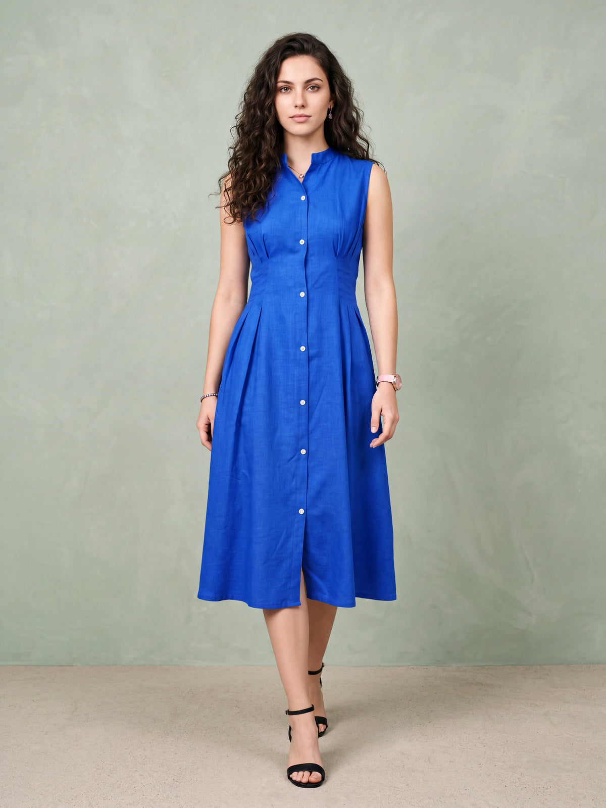 Flared Royal Blue Pleated Linen Dress