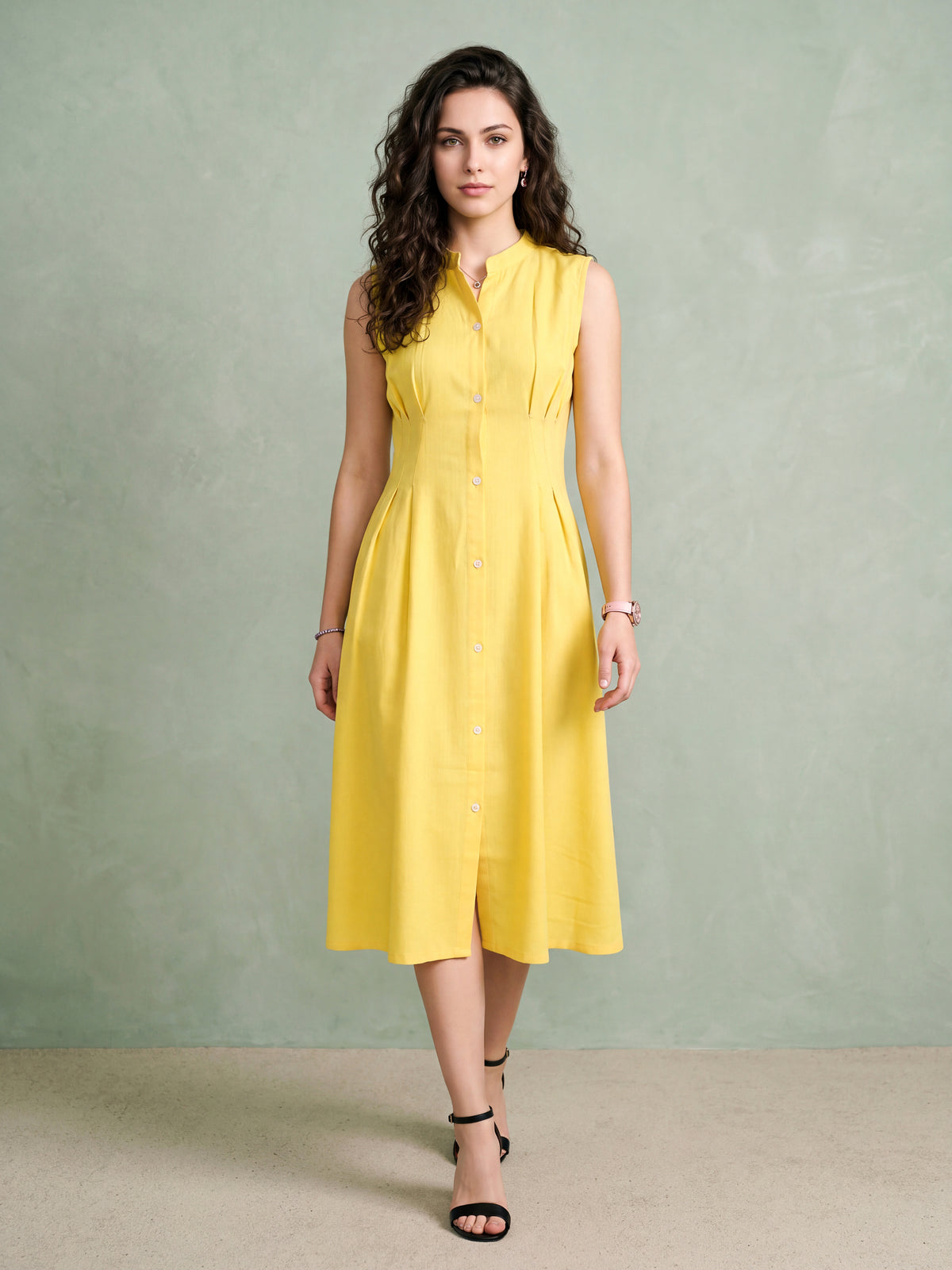 Yellow Pleated Flared Linen Dress