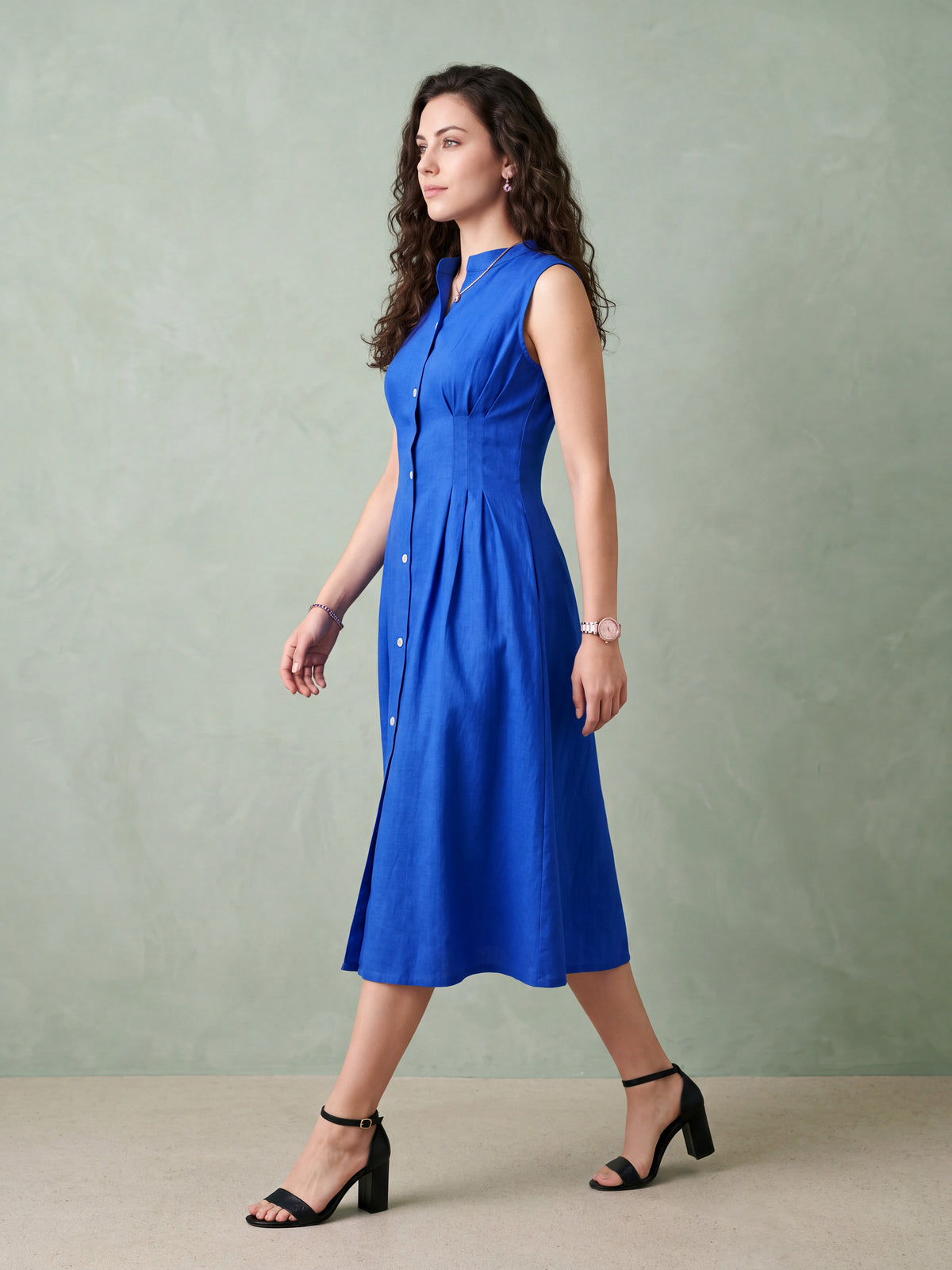 Flared Royal Blue Pleated Linen Dress