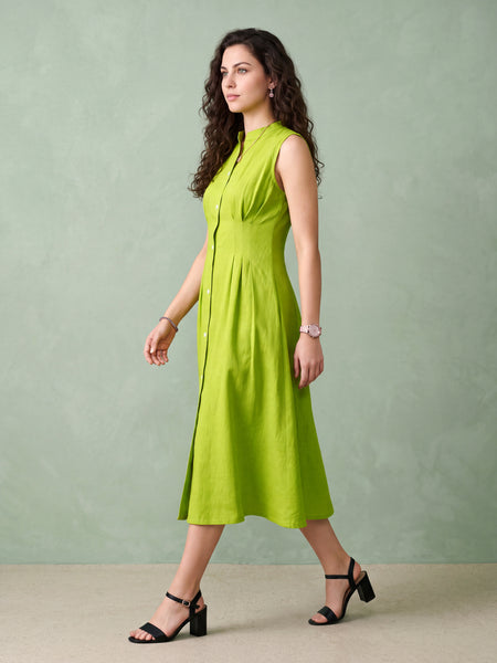 Pleated Lime Linen Flared Dress