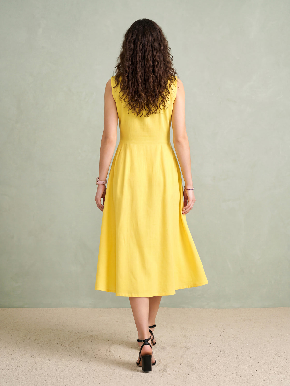 Yellow Pleated Flared Linen Dress