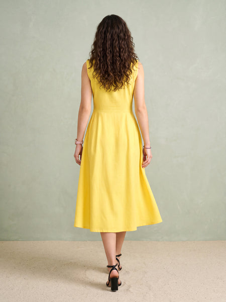 Yellow Pleated Flared Linen Dress