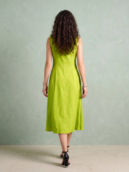 Pleated Lime Linen Flared Dress