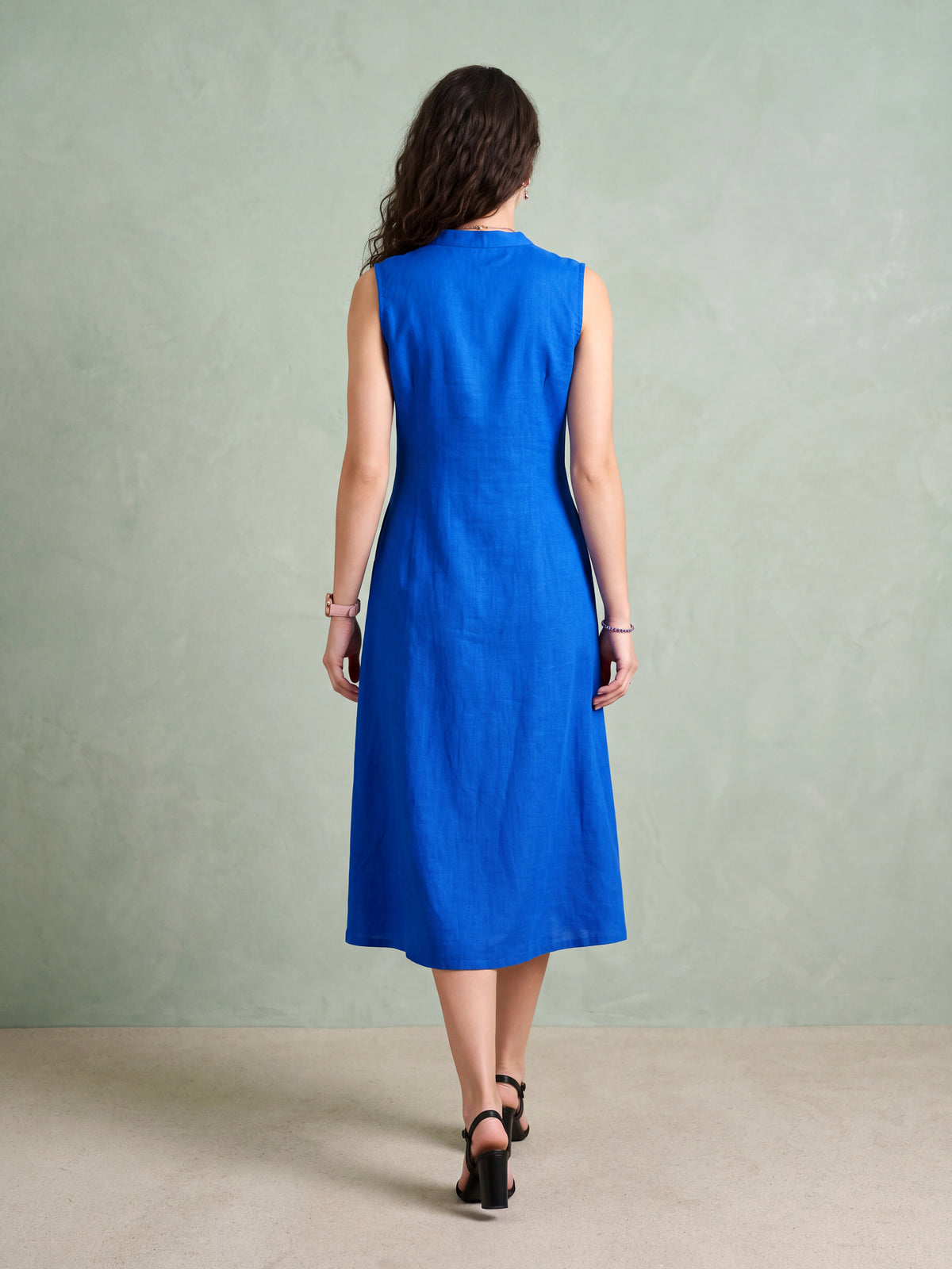 Flared Royal Blue Pleated Linen Dress
