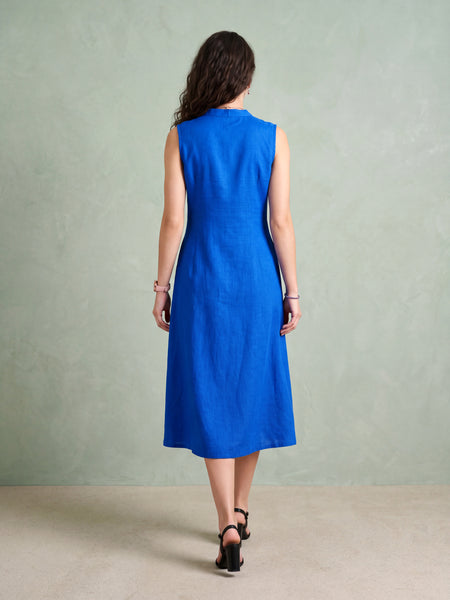 Flared Royal Blue Pleated Linen Dress