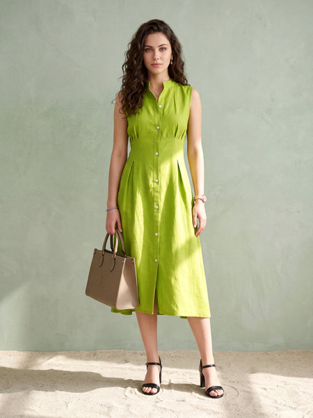 Pleated Lime Linen Flared Dress