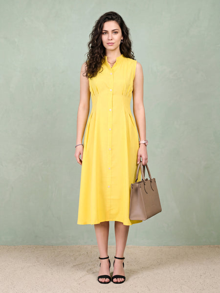 Yellow Pleated Flared Linen Dress