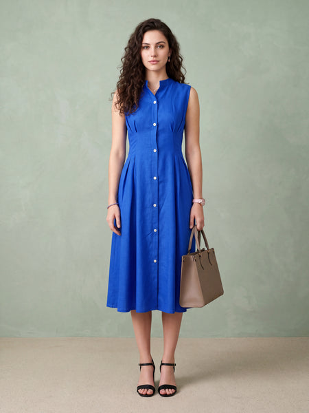 Flared Royal Blue Pleated Linen Dress