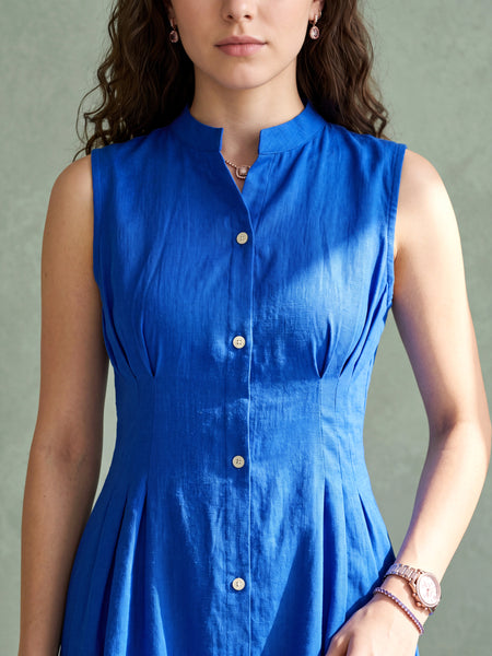 Flared Royal Blue Pleated Linen Dress
